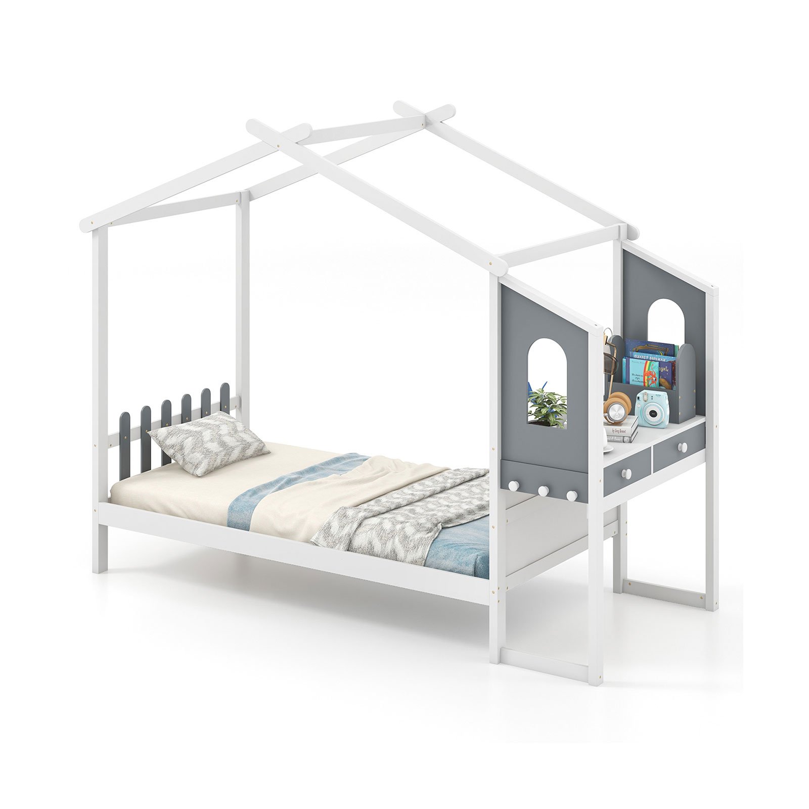 Single Bed - DOVER 3ft Wooden Bed with Desk White and Gray - Savings Store