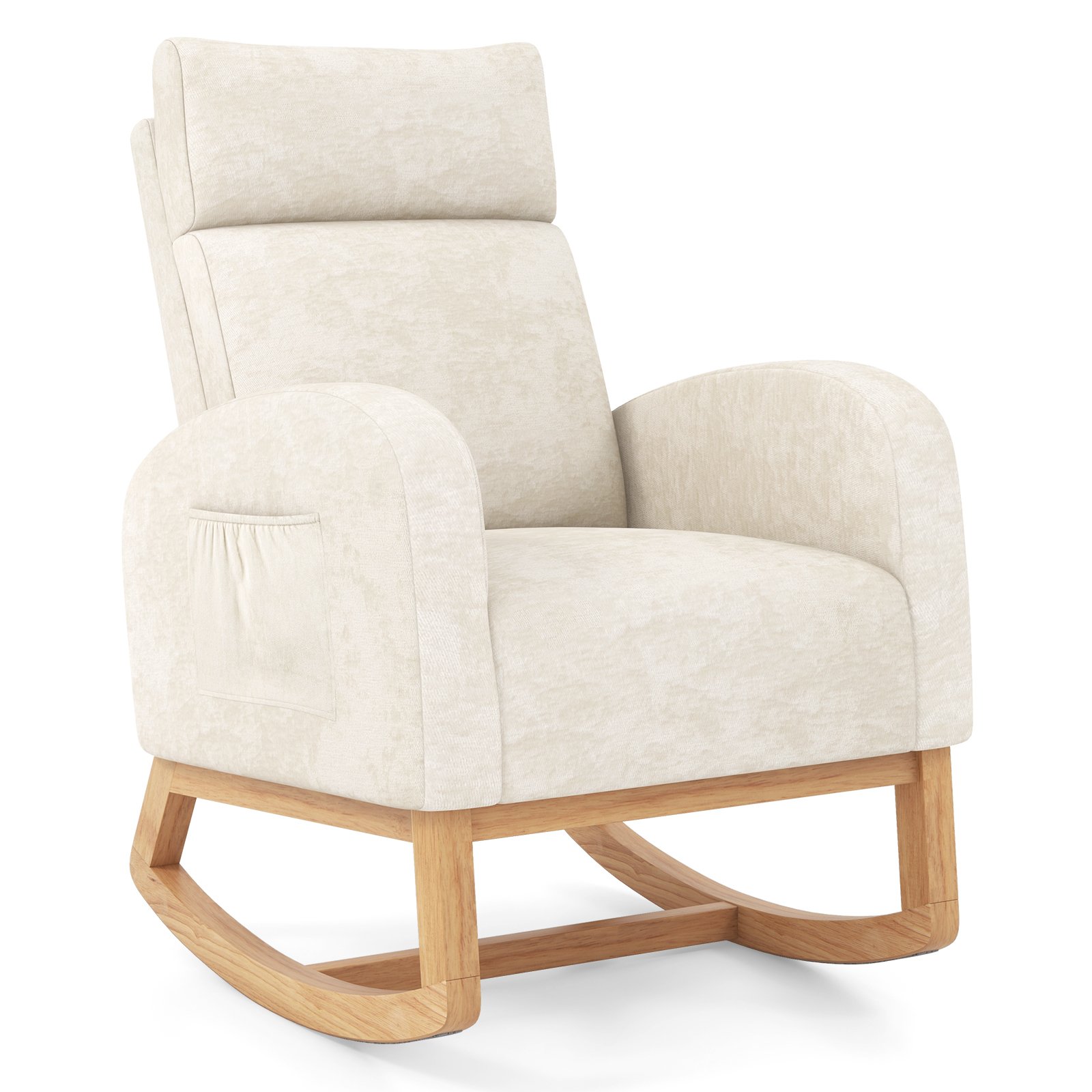 Upholstered Chenille Nursery Rocking Chair with Rubber Wood Frame-Beige - Savings Store
