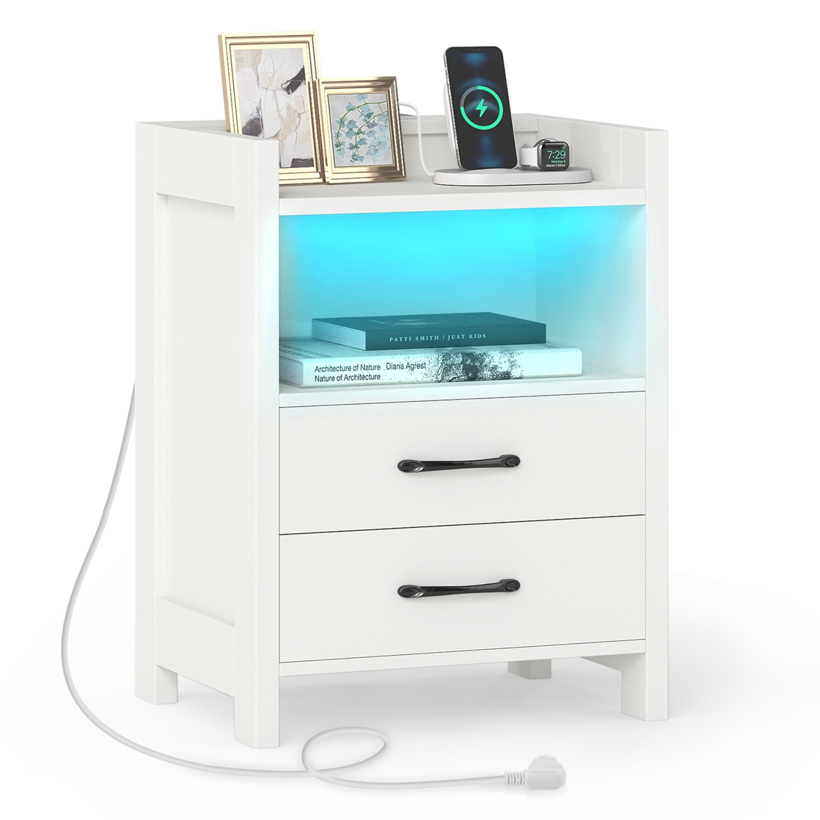 VORIN Bedside Table with LED Lights and Power Outlets for Living Room-White - Savings Store