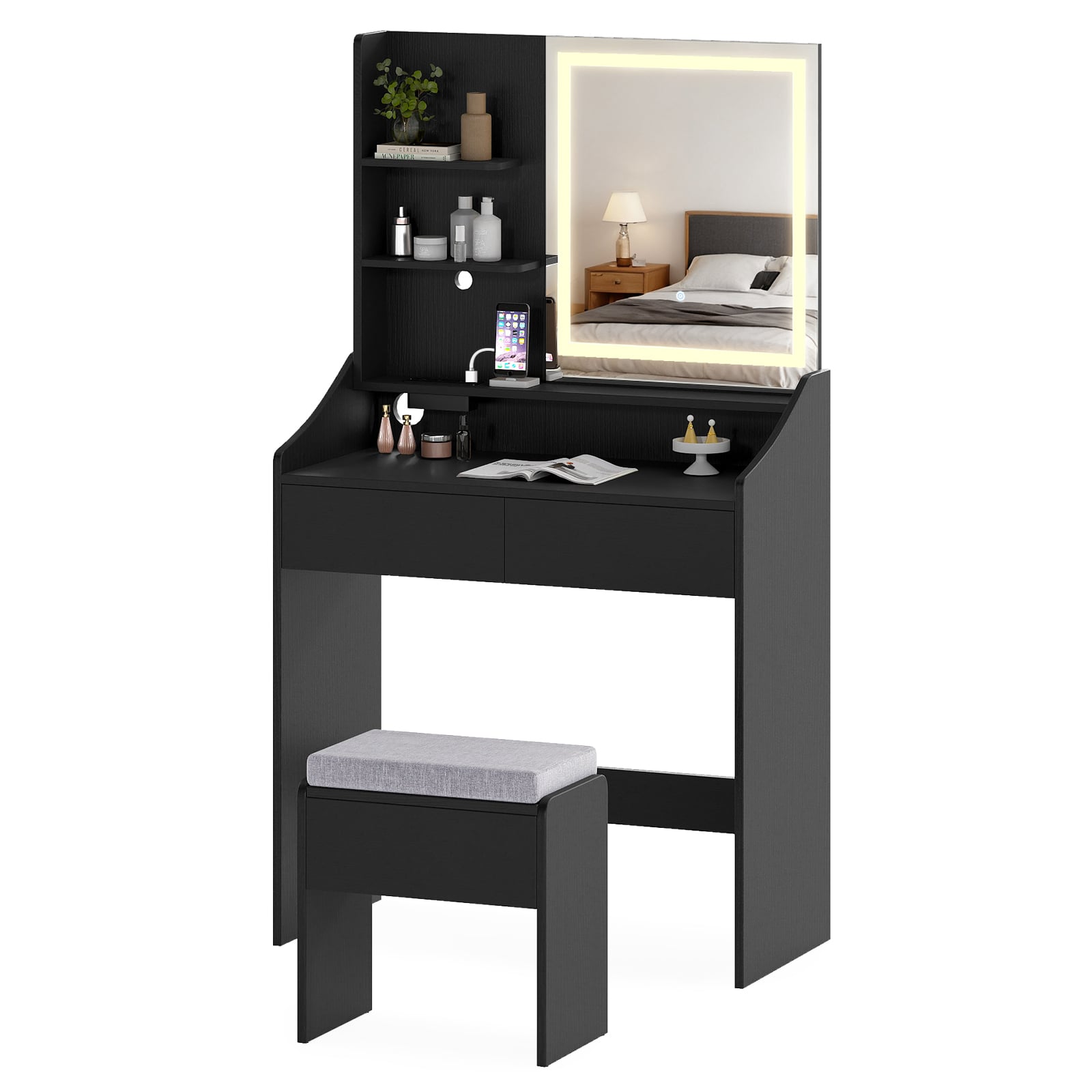 VYNOR Vanity Desk Set with Built-in Charging Station and Storage Drawers-Black - Savings Store