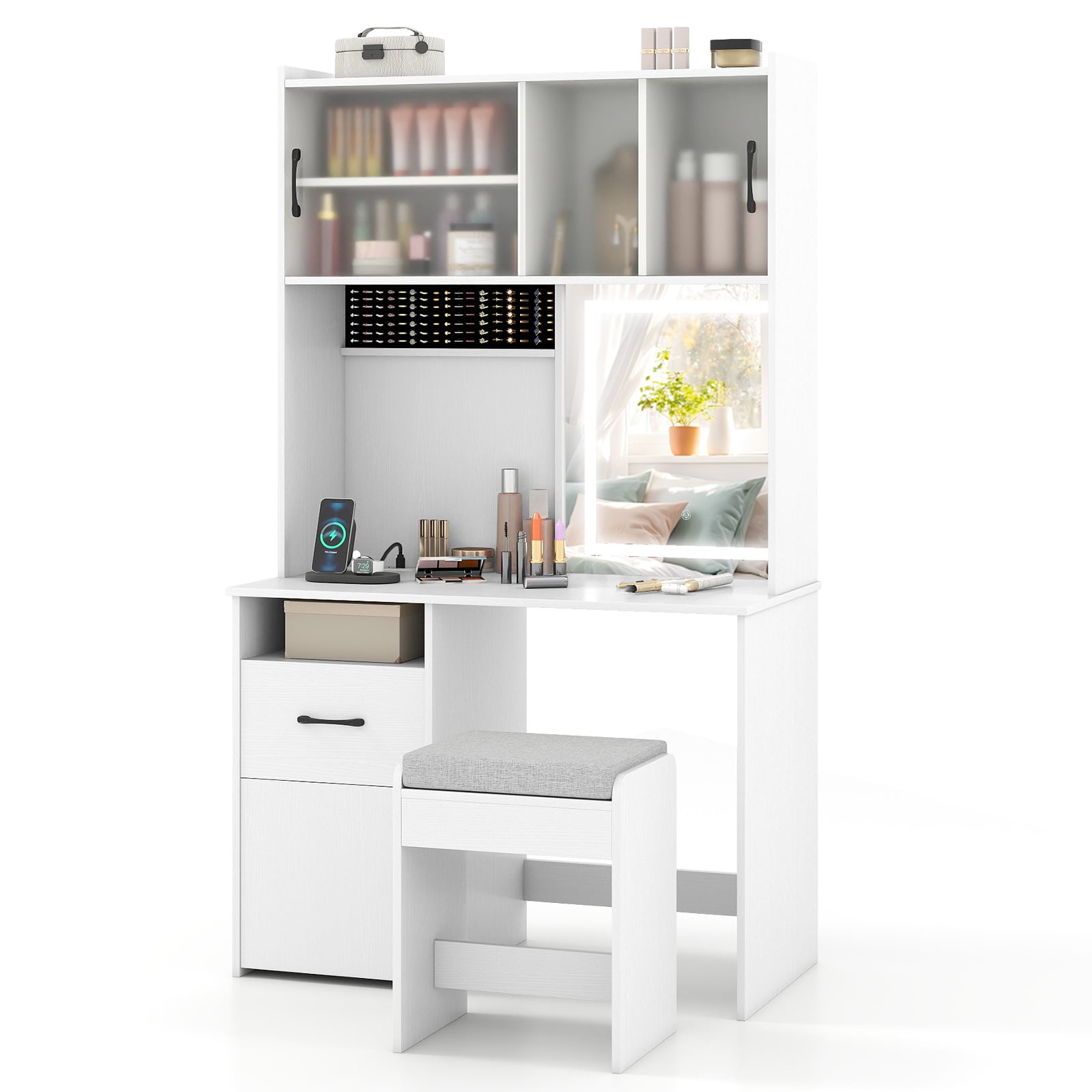 Makeup Dressing Table with Power Outlets and Jewelry Storage-White - Savings Store