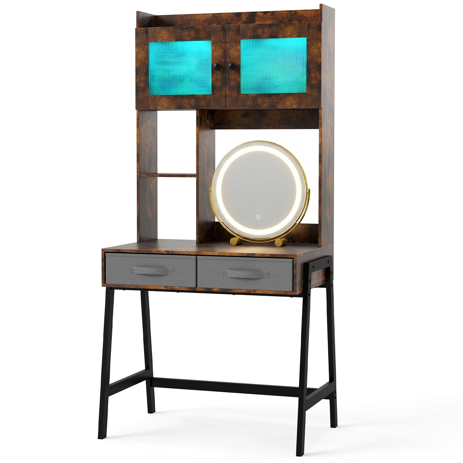 ZAVOR Makeup Vanity Desk with Rotating Mirror and Adjustable Light-Rustic Brown - Savings Store