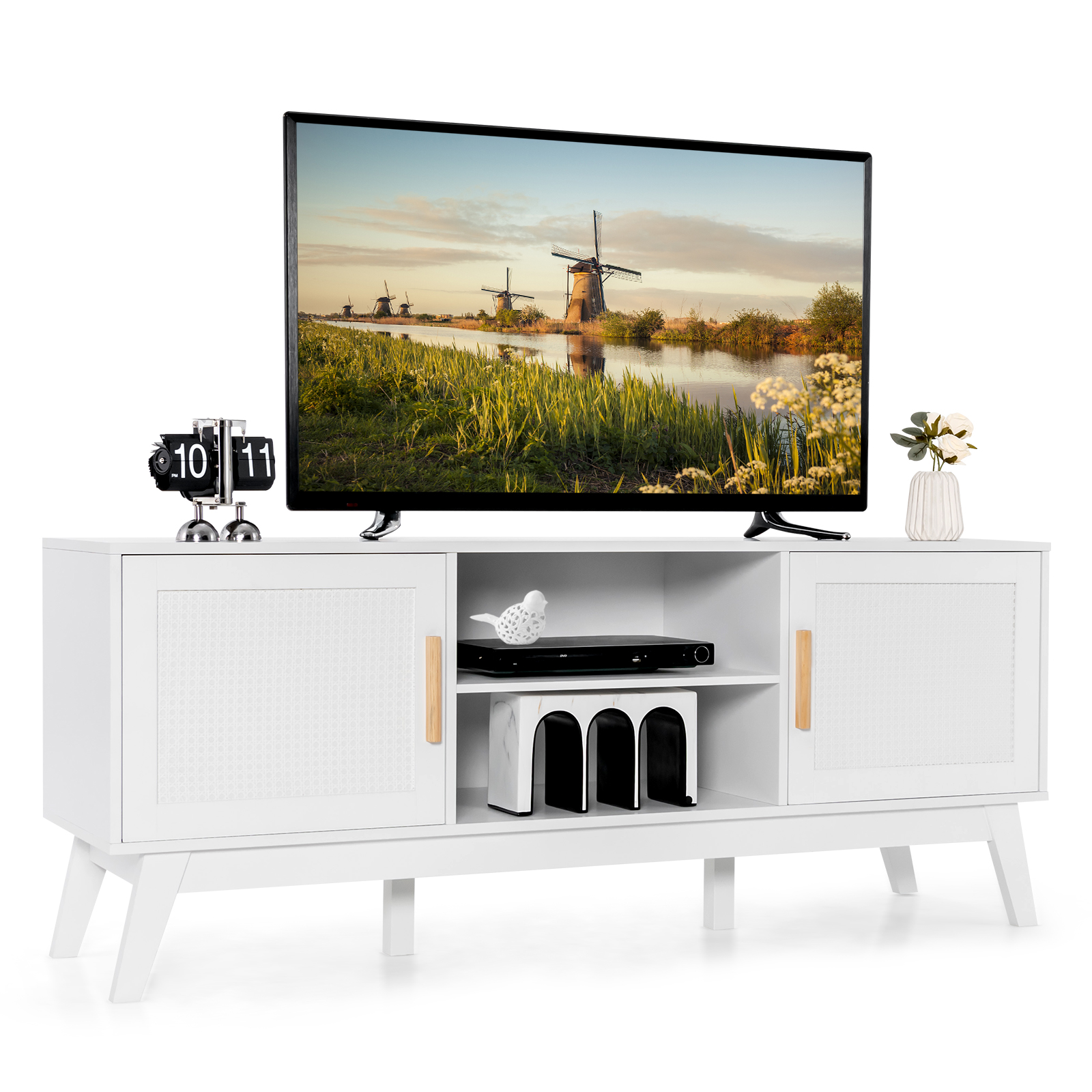 Rattan TV Stand for TVs up to 65 Inch with Adjustable Shelf-White - Savings Store