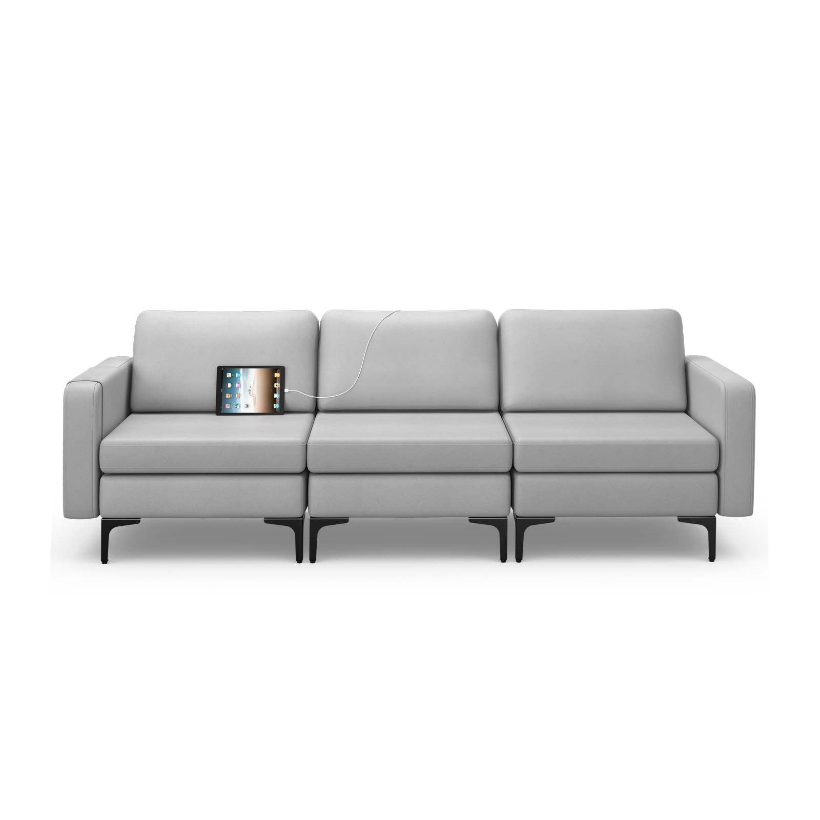 3-Seat Sofa with Magazine Caddy Holder, Socket and USB Charging Ports-Light Grey - Savings Store