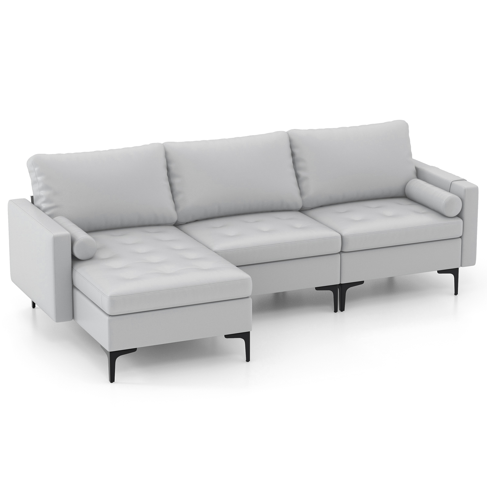 Extra Large L-Shaped Sofa with 4 USB Ports, Solid Metal Legs-Light Grey - Savings Store