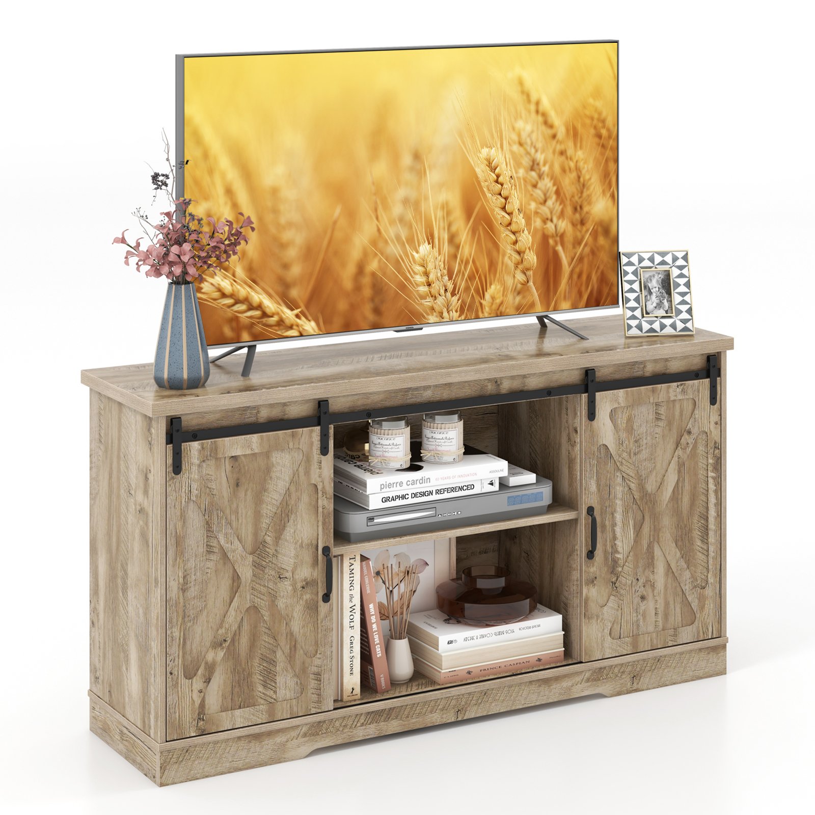 TV Stand with Adjustable Shelves for TVs up to 65 Inches-Grey - Savings Store