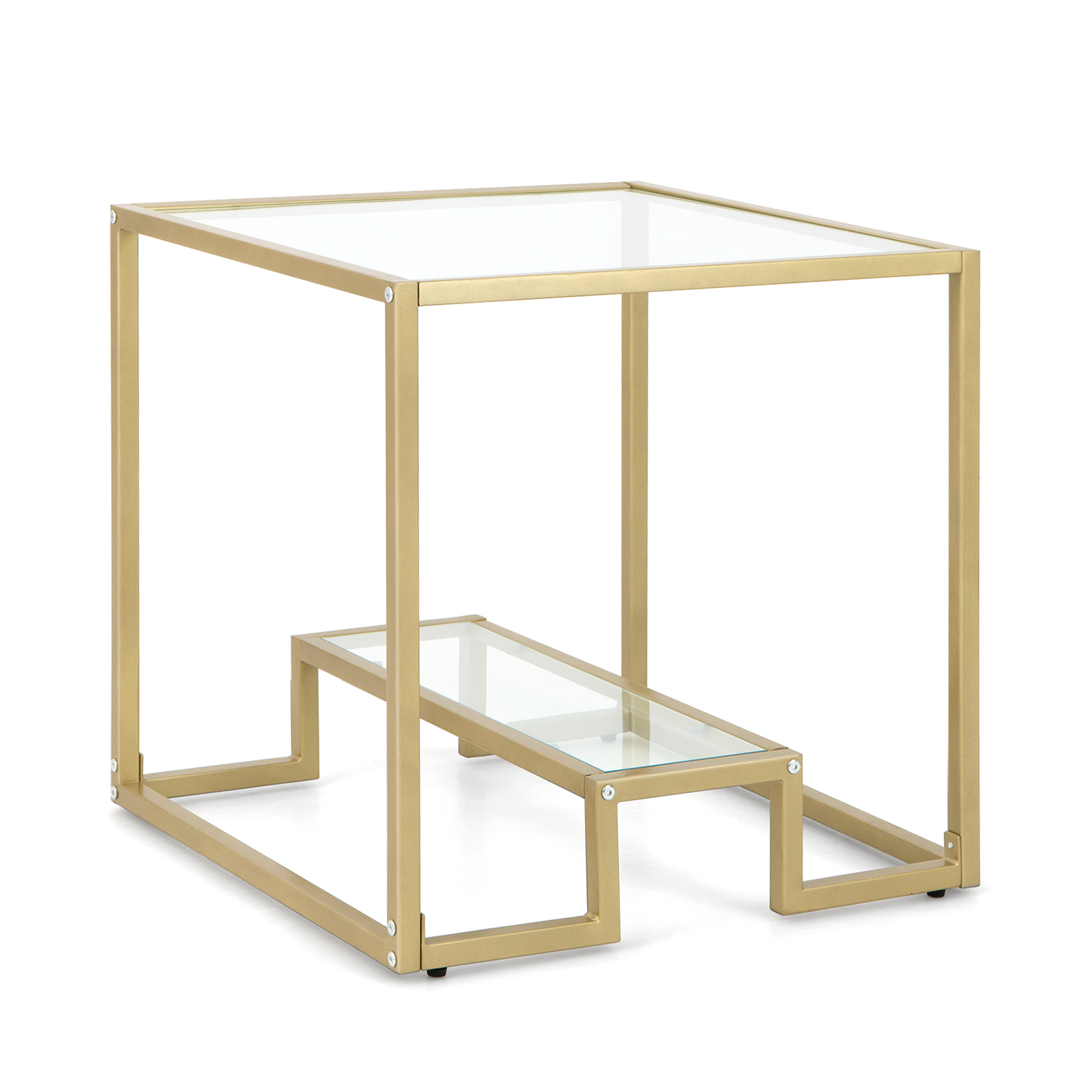 2-Tier Snack Table with Golden Metal Frame and Tempered Glass Tabletop - Savings Store