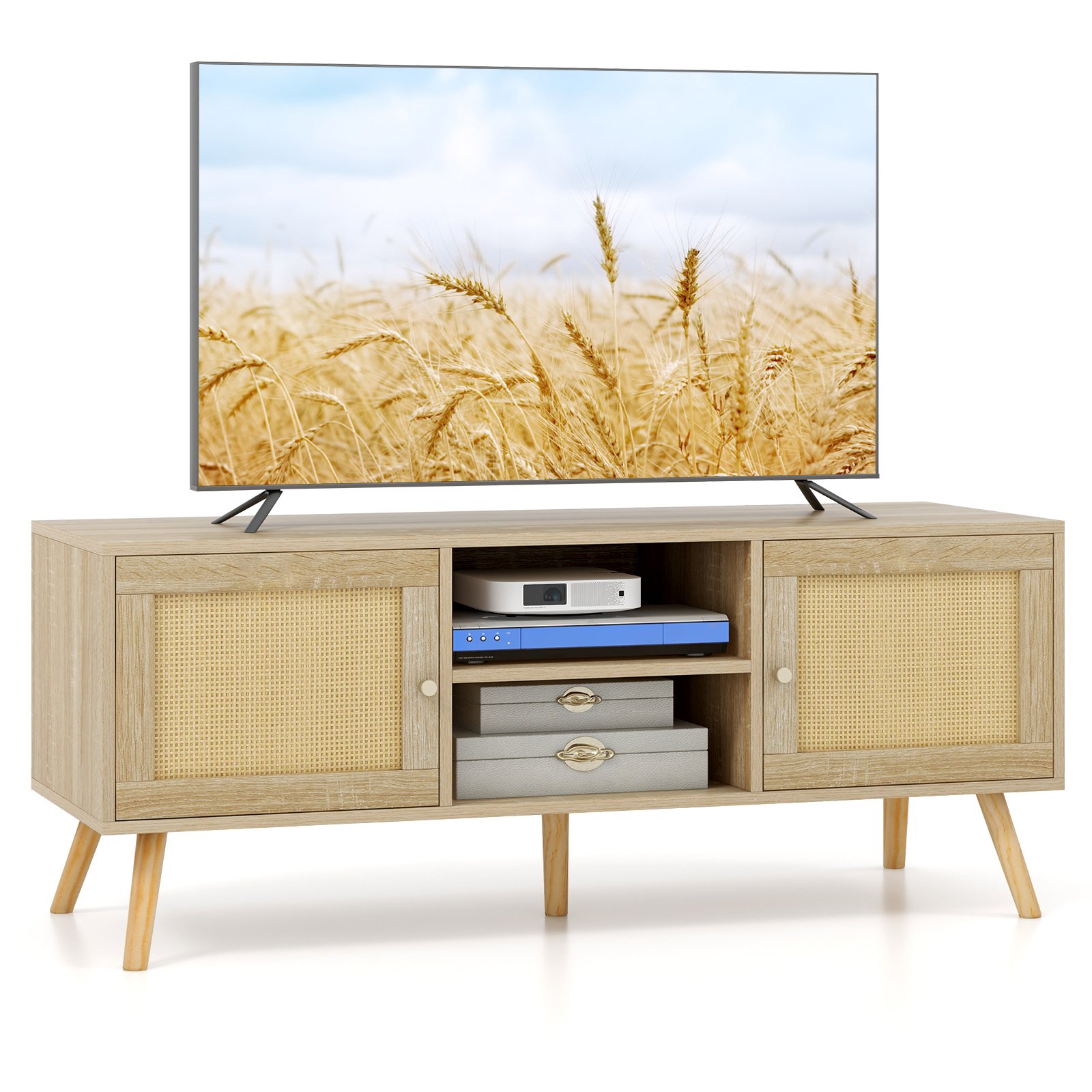 TV Stand - Boho PE Rattan TV Stand with 2 Cabinets and Open Shelves - Savings Store