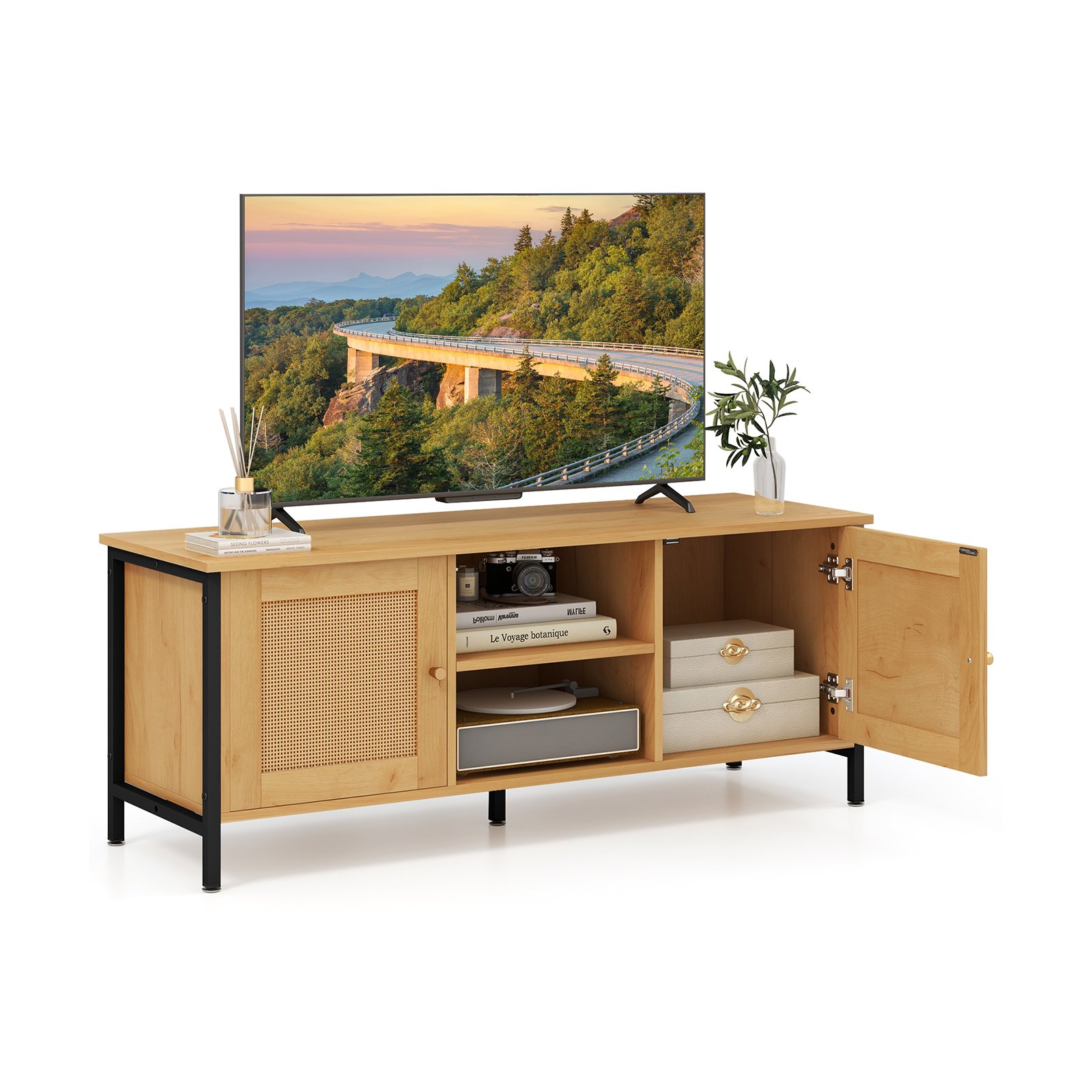 Boho TV Stand Media Console Table with 2 Cabinets and Open Shelf-Yellow - Savings Store