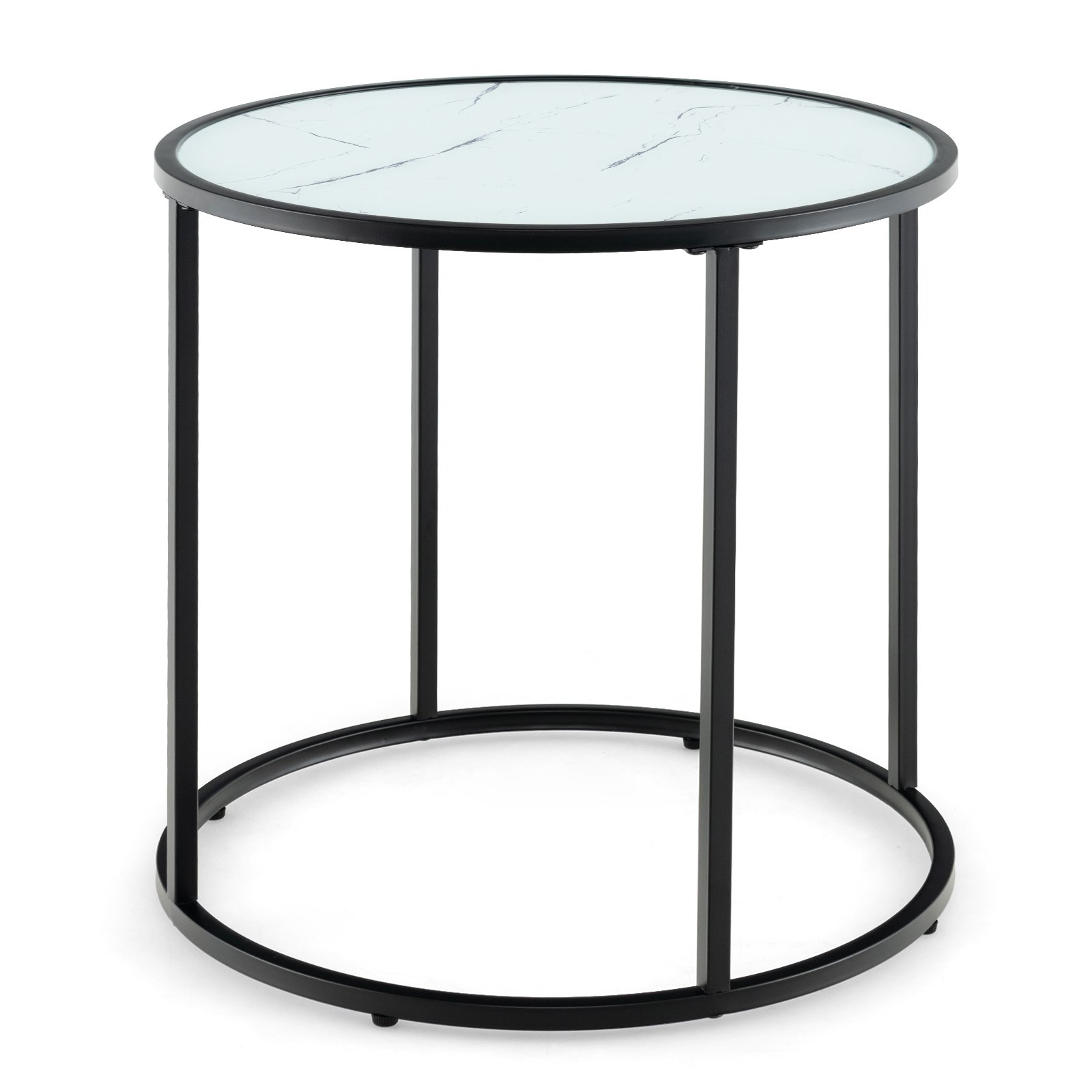 Side Table - 50CM Round Side Table with Metal Frame and Faux Marble Glass Top-White - Savings Store