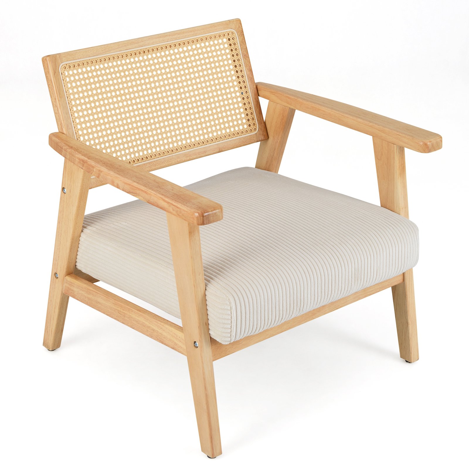 Corduroy Accent Chair with Upholstered Seat and Rattan Back-Natural - Savings Store