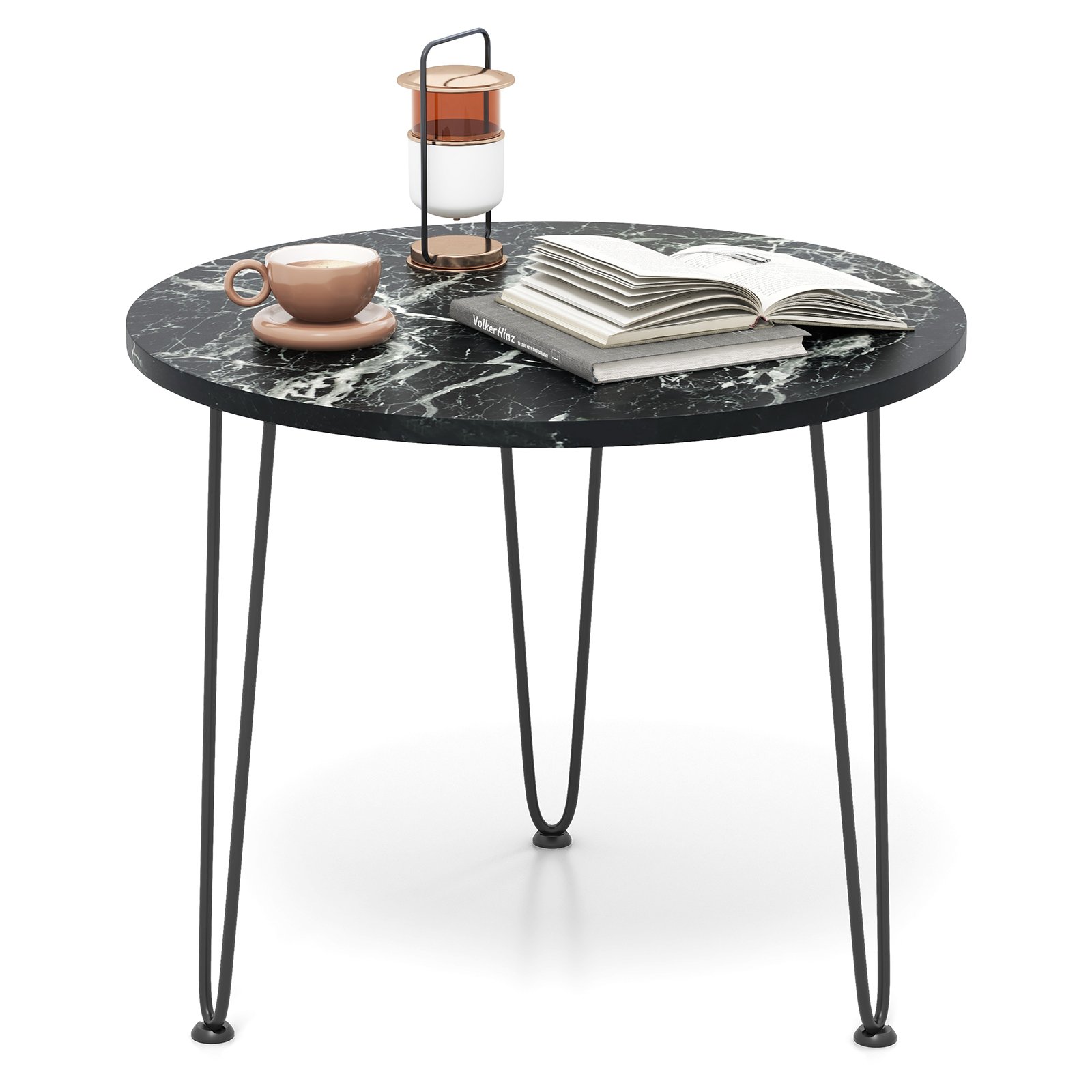 CORLYNNE Round Coffee Table Small Faux Marble Accent Table with Thickened Tabletop and Metal Tripod Legs-Black - Savings Store
