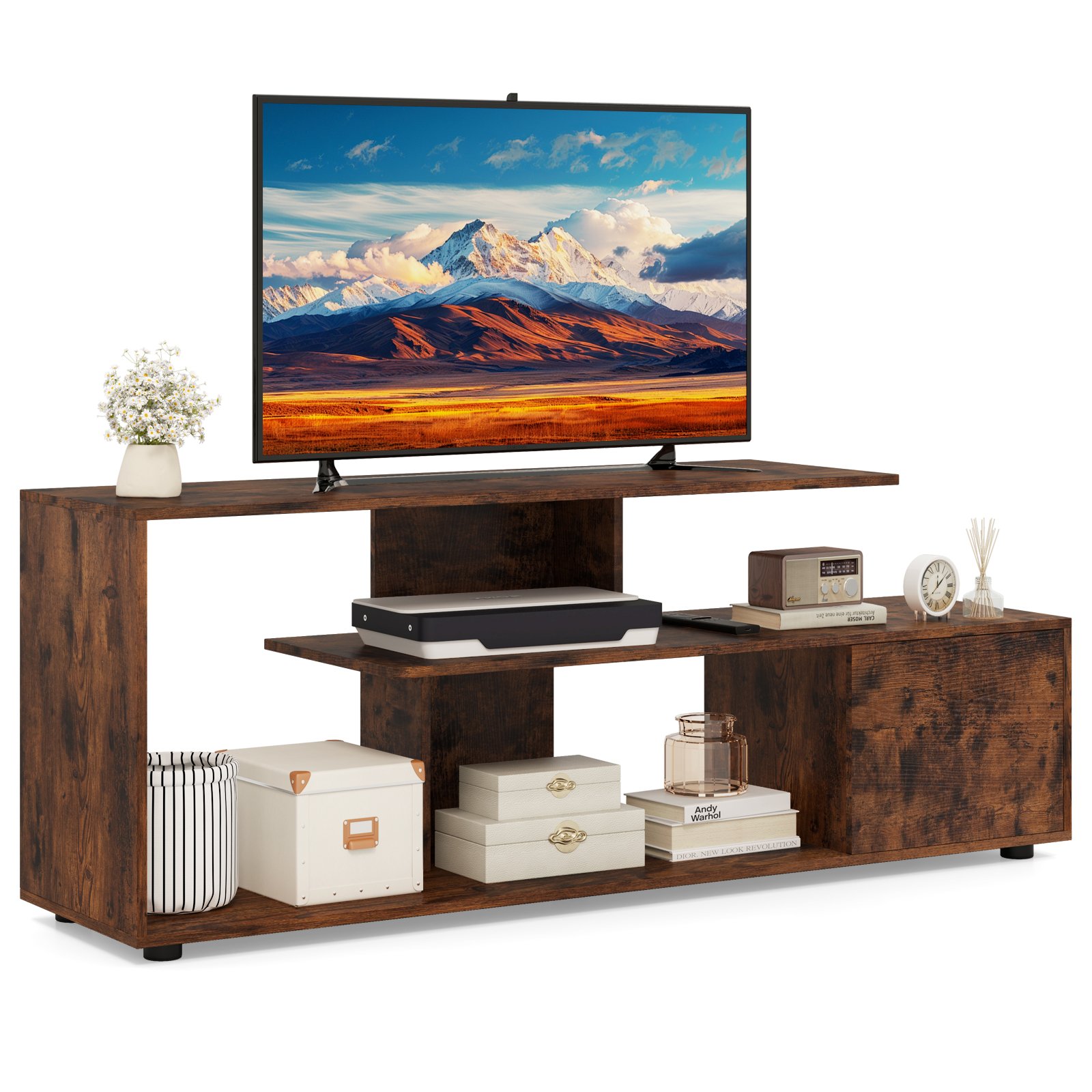 DAXO 3-Tier Asymmetrical Media Console Table with Storage Shelves and Cabinet-Rustic Brown - Savings Store
