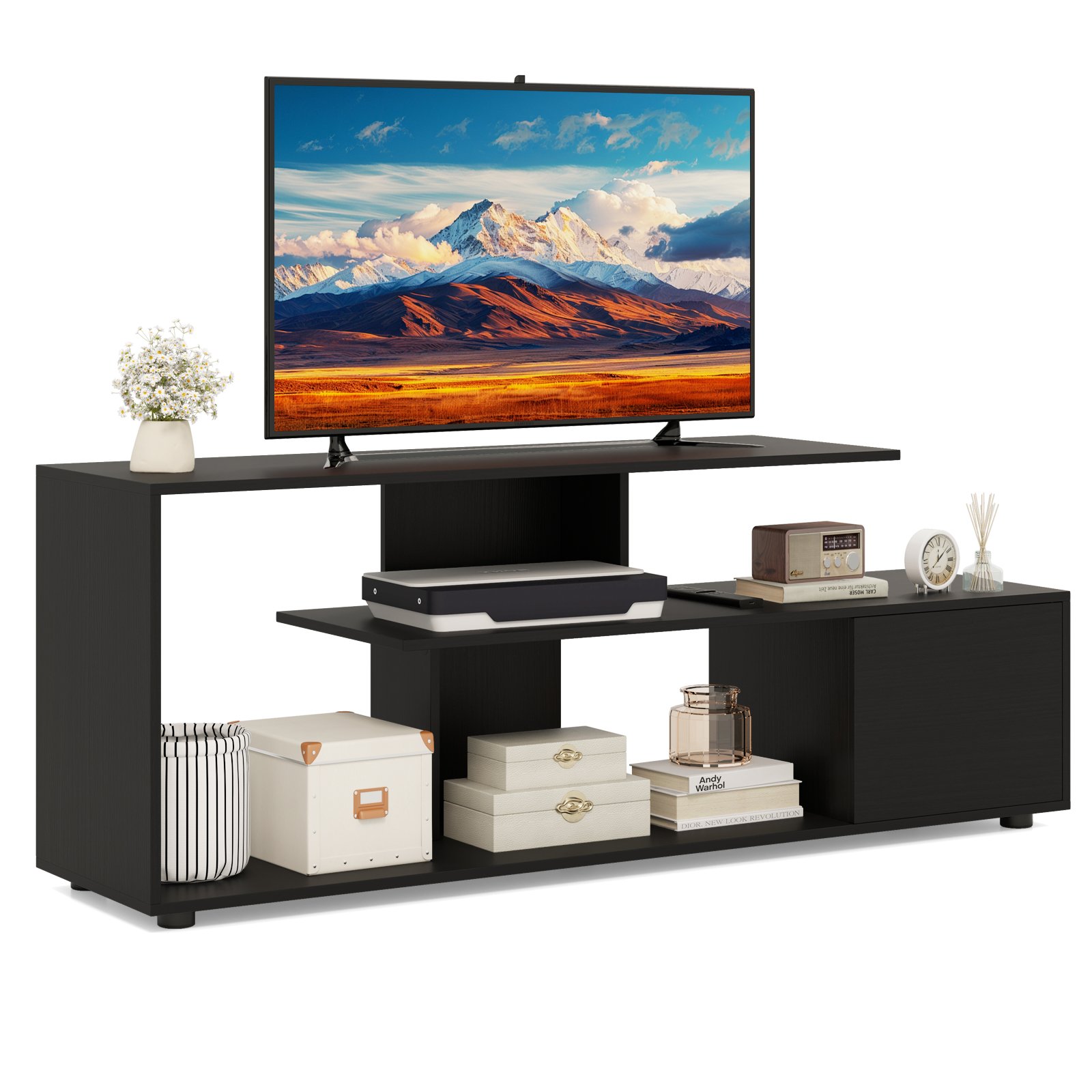 DAXO 3-Tier Asymmetrical Media Console Table with Storage Shelves and Cabinet-Black - Savings Store