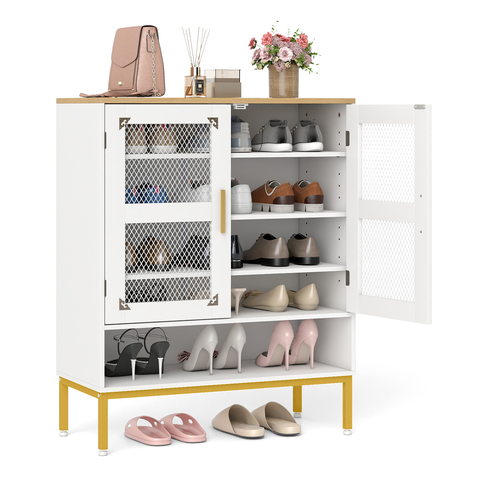 ZENVY 5-Tier Shoe Cabinet with Mesh Doors and Adjustable Shelves - White - Savings Store