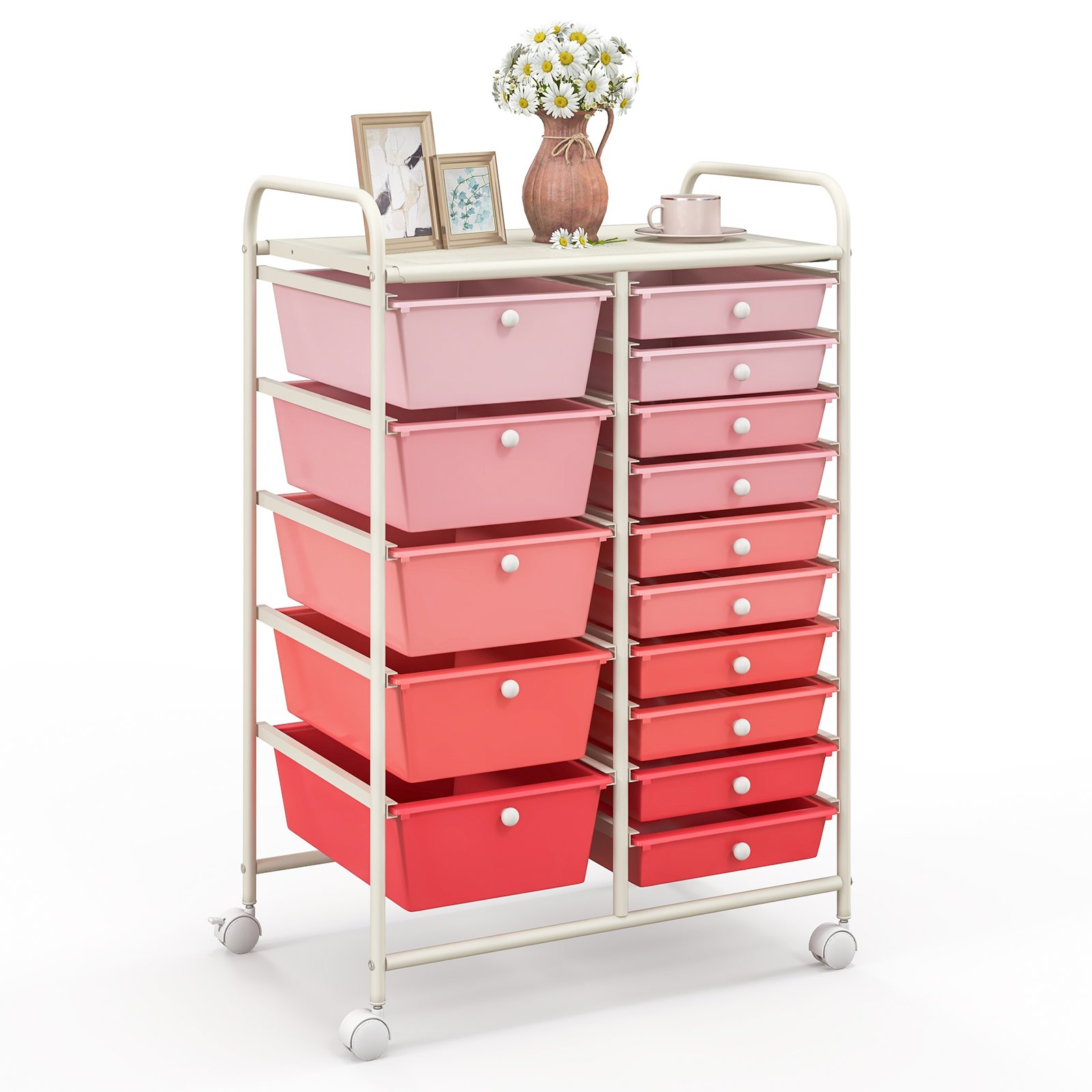 Storage Trolley - 15 Drawer Rolling Storage Cart with 4 Wheels for Beauty Salon-Pink - Savings Store