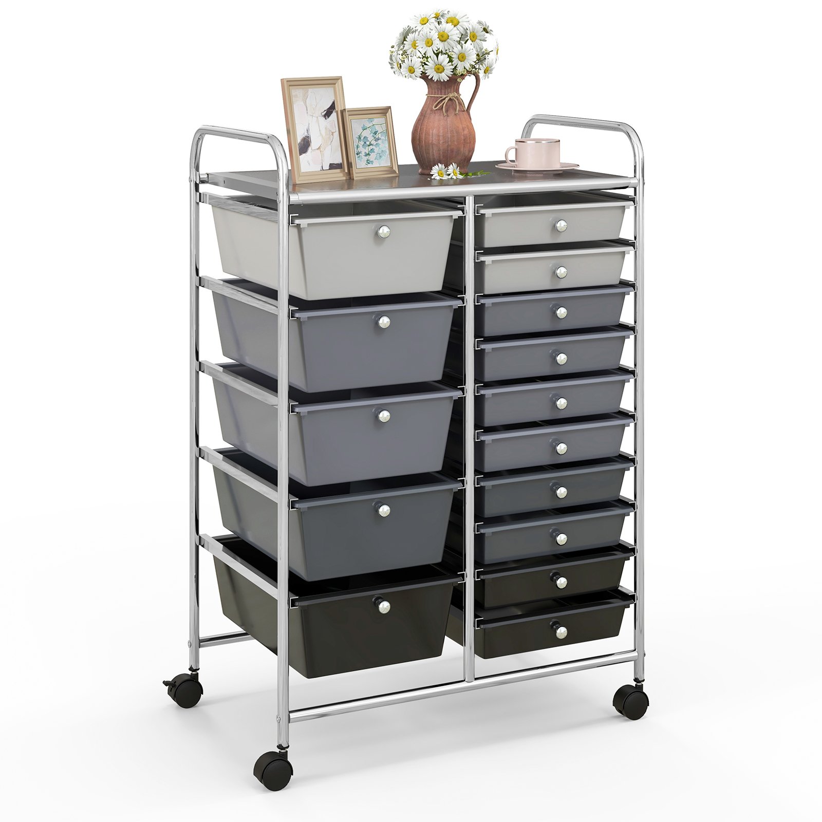 Storage Trolley - 15 Drawer Rolling Storage Cart with 4 Wheels for Beauty Salon-Dark Grey - Savings Store