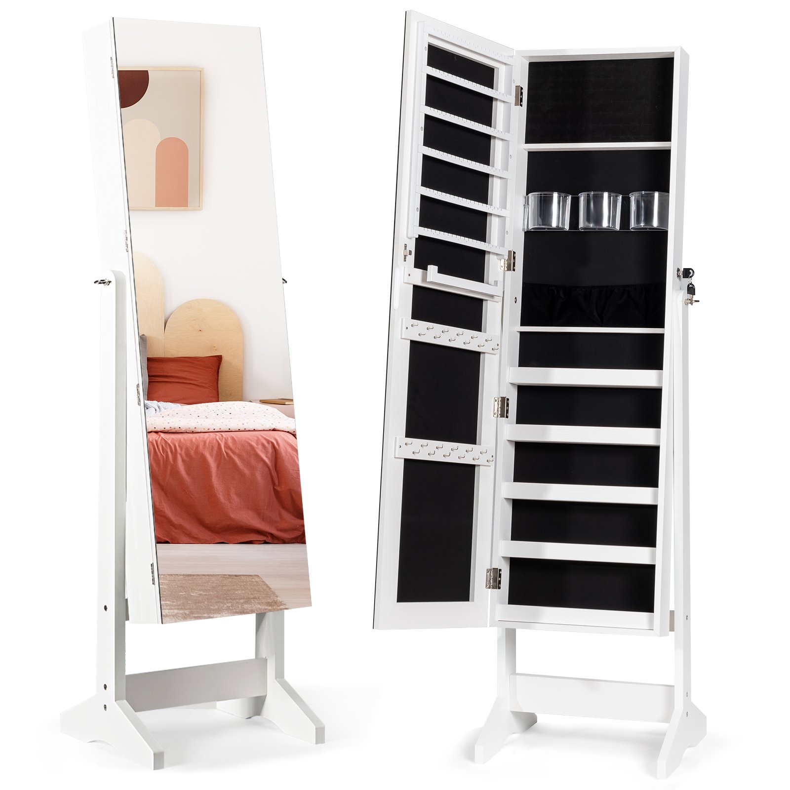 Free Standing Jewelry Cabinet with Full-Length Mirror-White - Savings Store