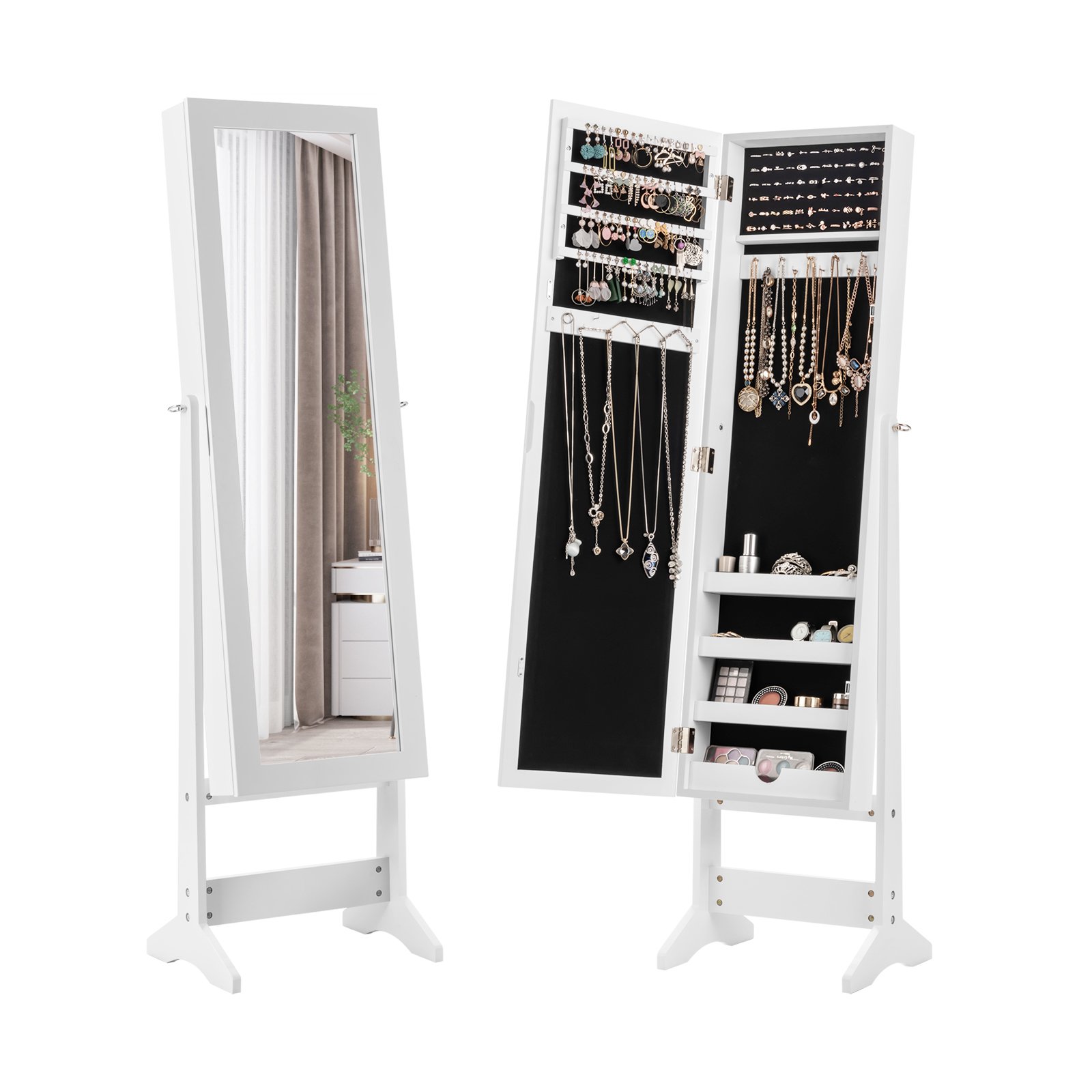 MORA Mirrored Jewelry Armoire with Full-Length Mirror and 3 Tilting Angles-White - Savings Store