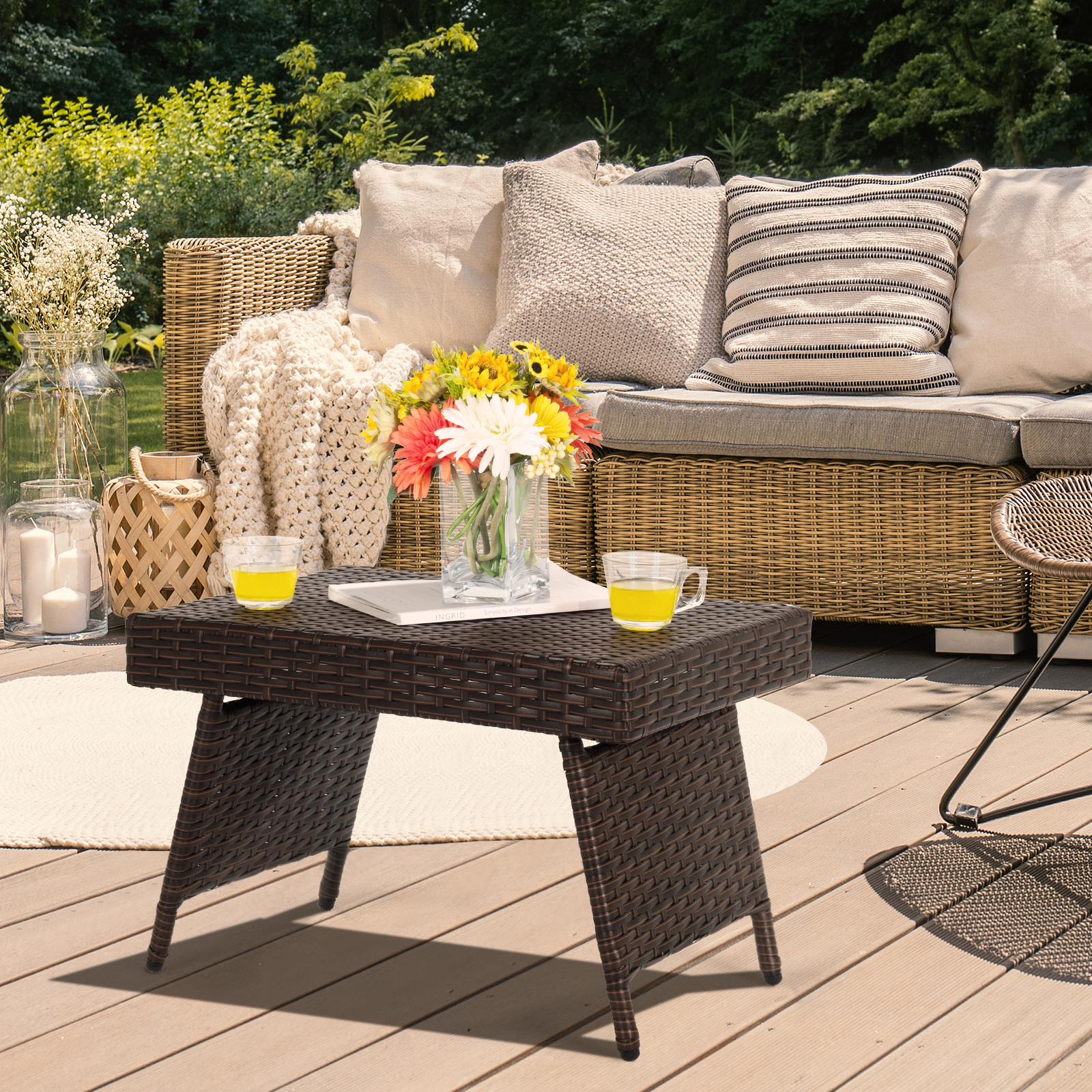Patio Wicker Folding Coffee Table with Sturdy Steel Frame - Savings Store