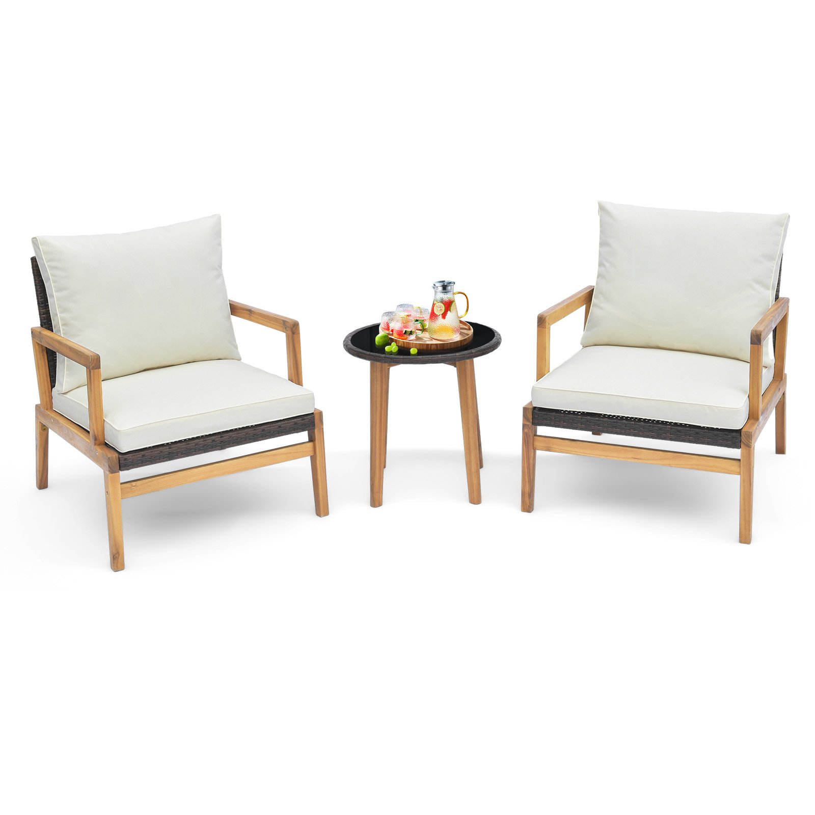 Patio Set - 3 Pieces Garden Wicker Chair and Side Table Set with Soft Cushions - White - Savings Store