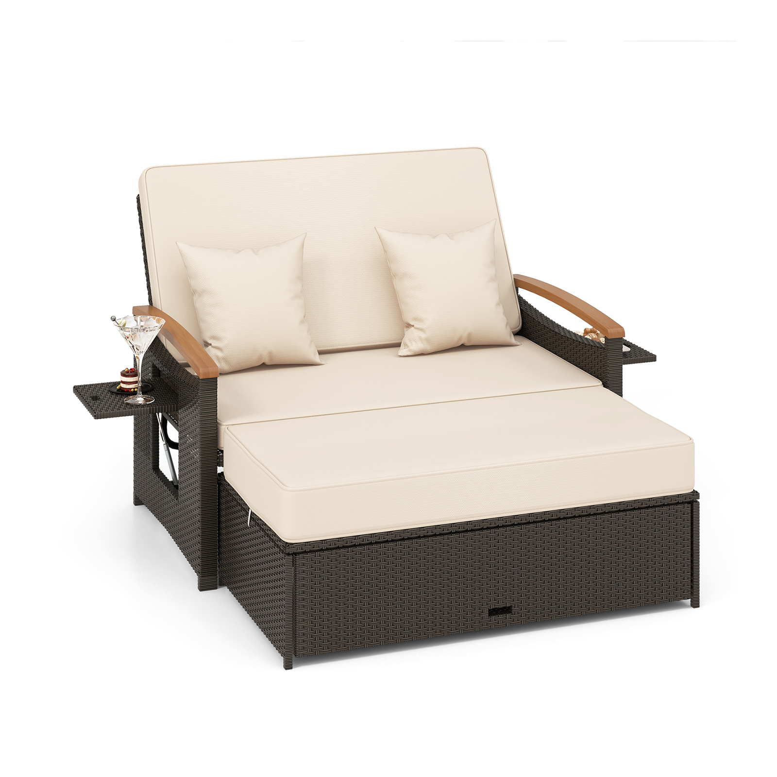 Outdoor Wicker Daybed Rattan Woven Loveseat with Storage Ottoman-Beige - Savings Store