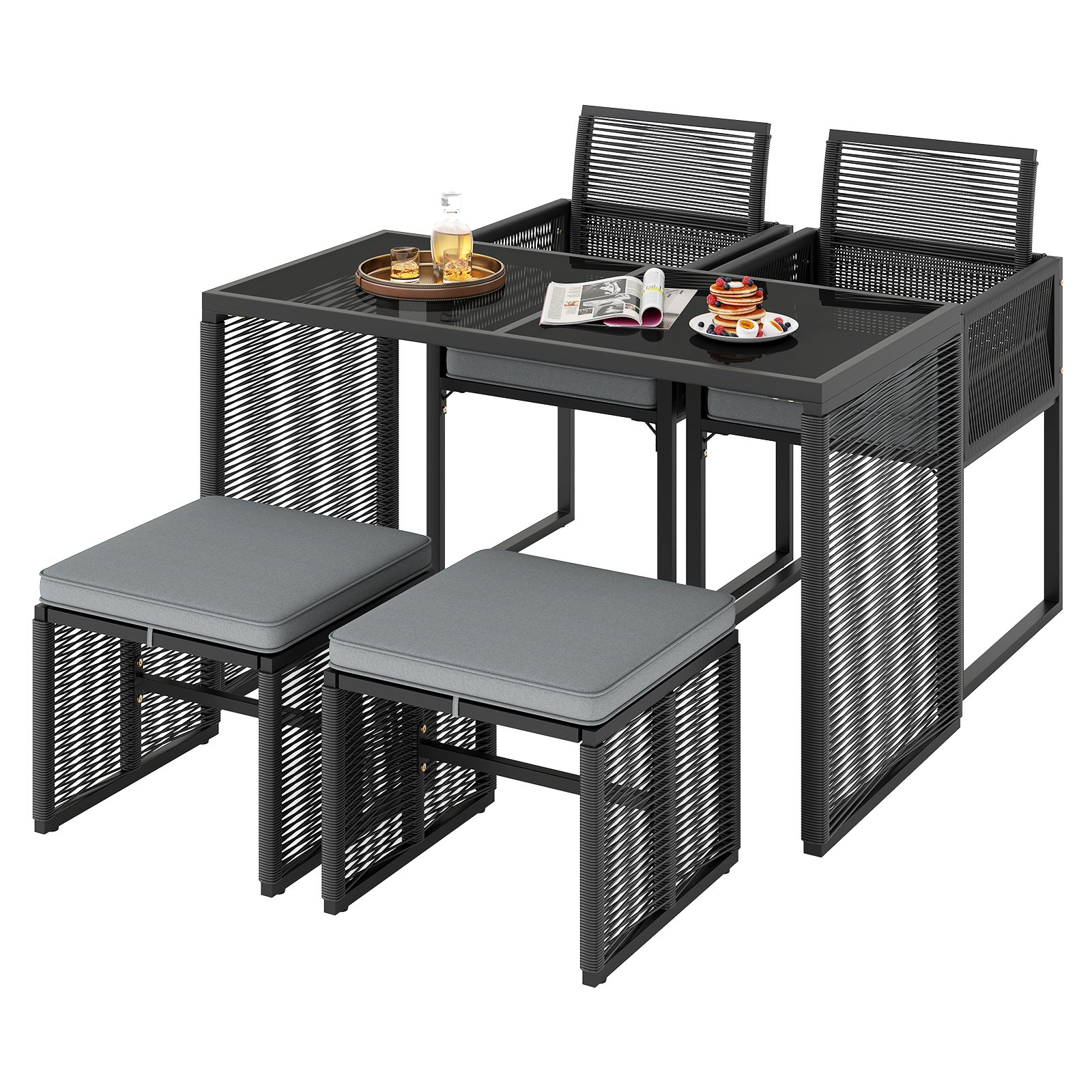 5 Pieces Patio Dining Set with Removable Cushions and Rattan Ottomans-Grey - Savings Store