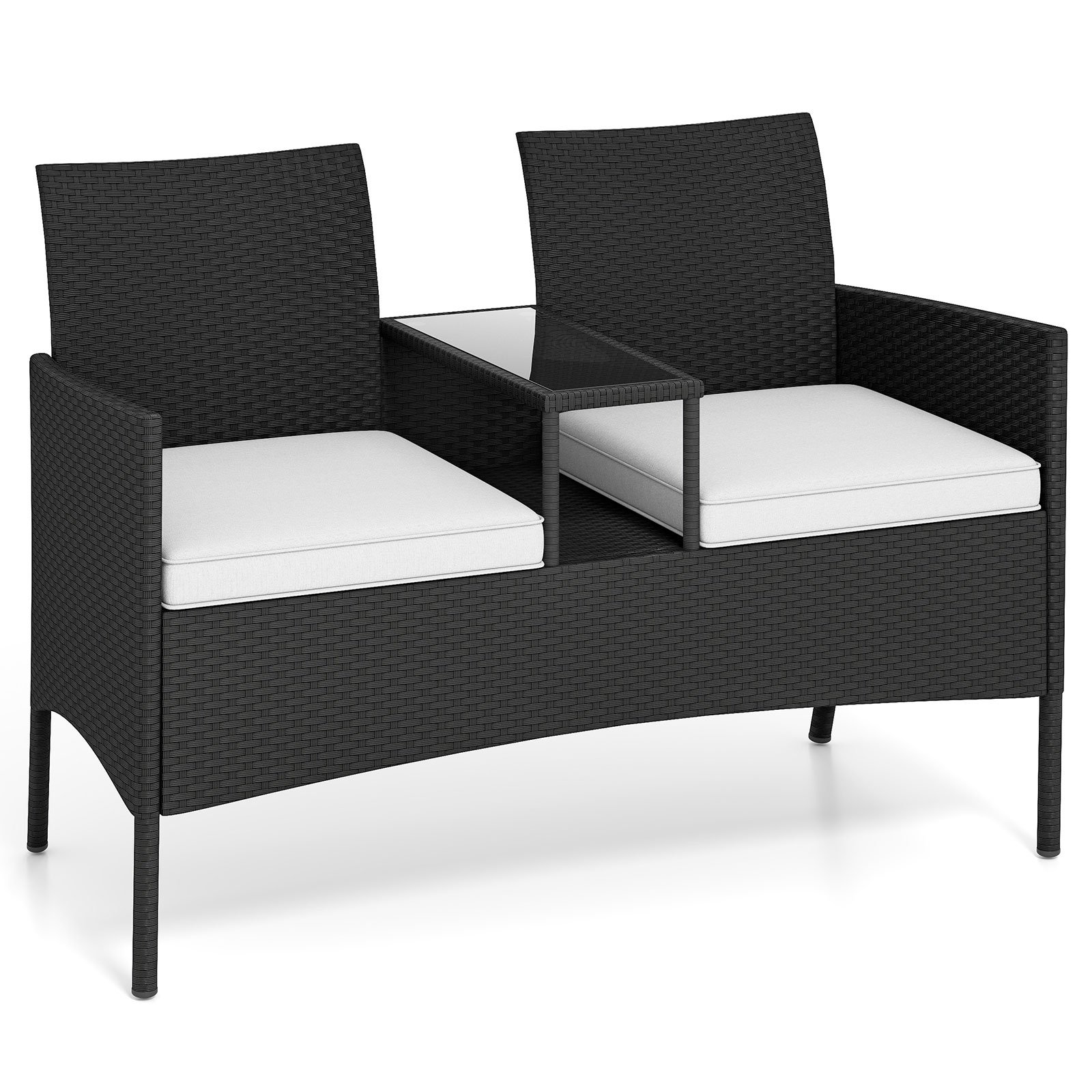 DALCREST Patio Loveseat with Built-in Table with Soft Cushions and Tempered Glass Tabletop-White - Savings Store