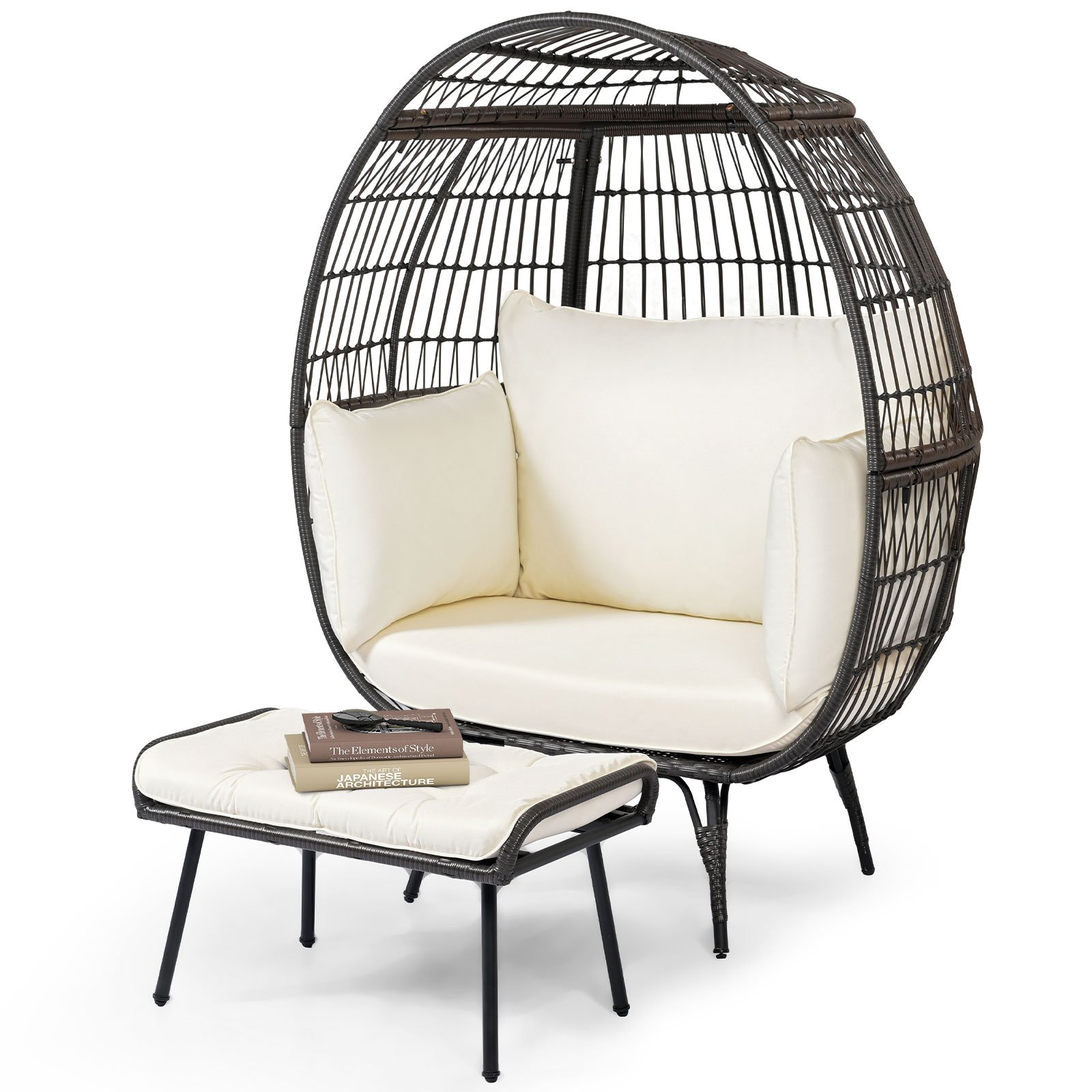 Patio Oversized Egg Chair with Ottoman and Soft Cushions-Off White - Savings Store