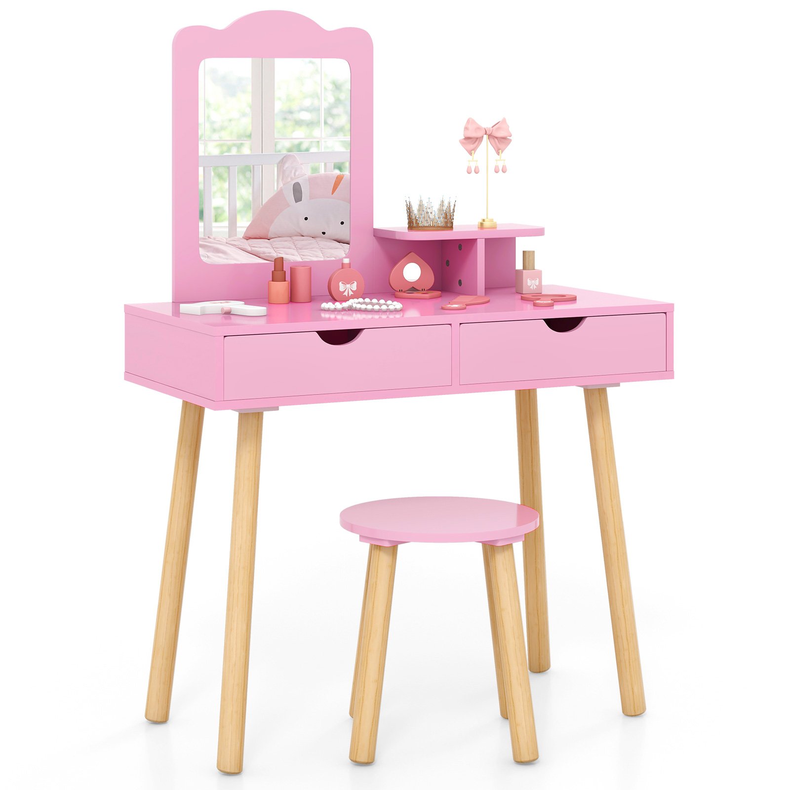 Kids Furniture - Kids Vanity Table and Stool Set with Square Mirror and Storage Shelf-Light Pink