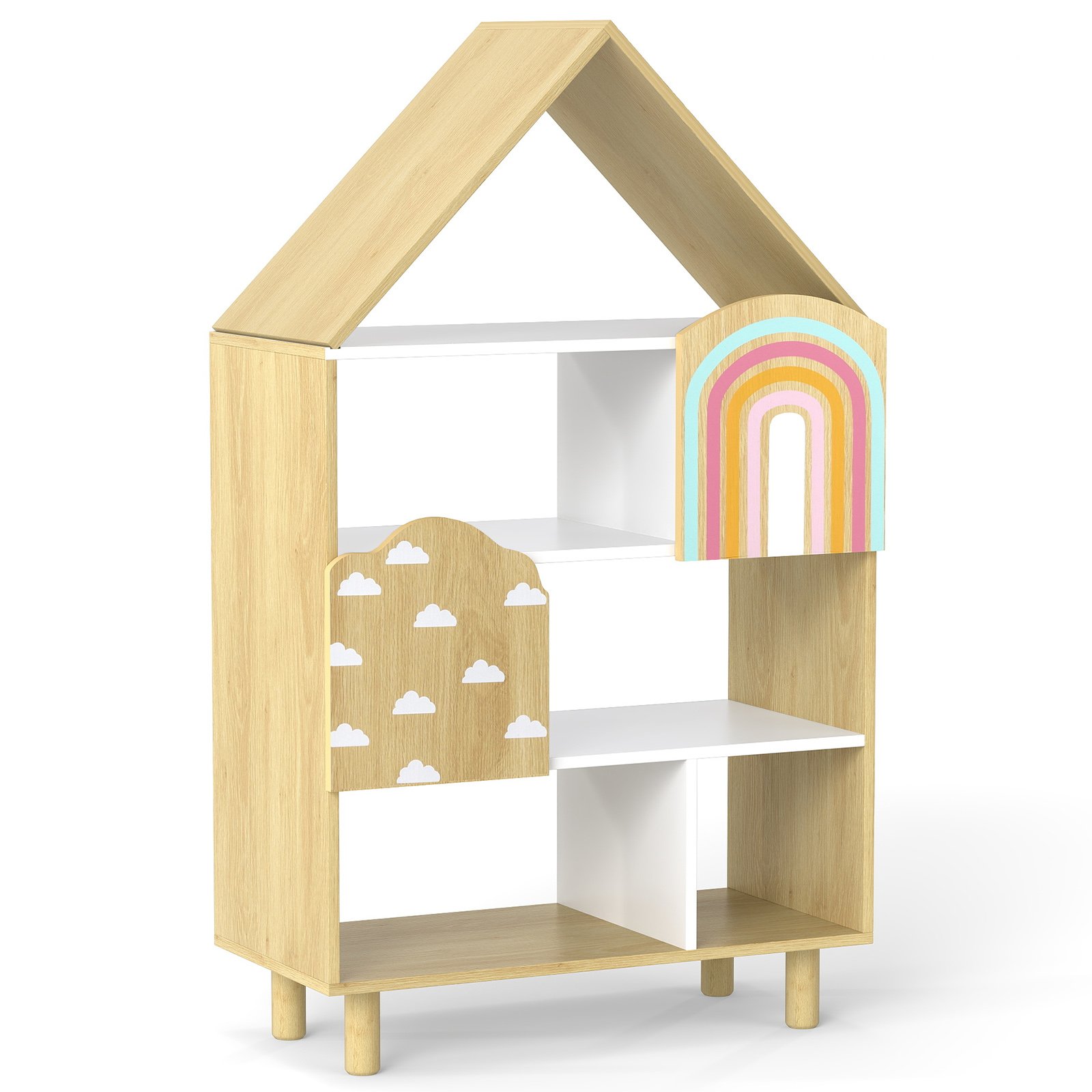 Kids Dollhouse Bookshelf with 2 Doors for Playroom Bedroom-Natural - Savings Store