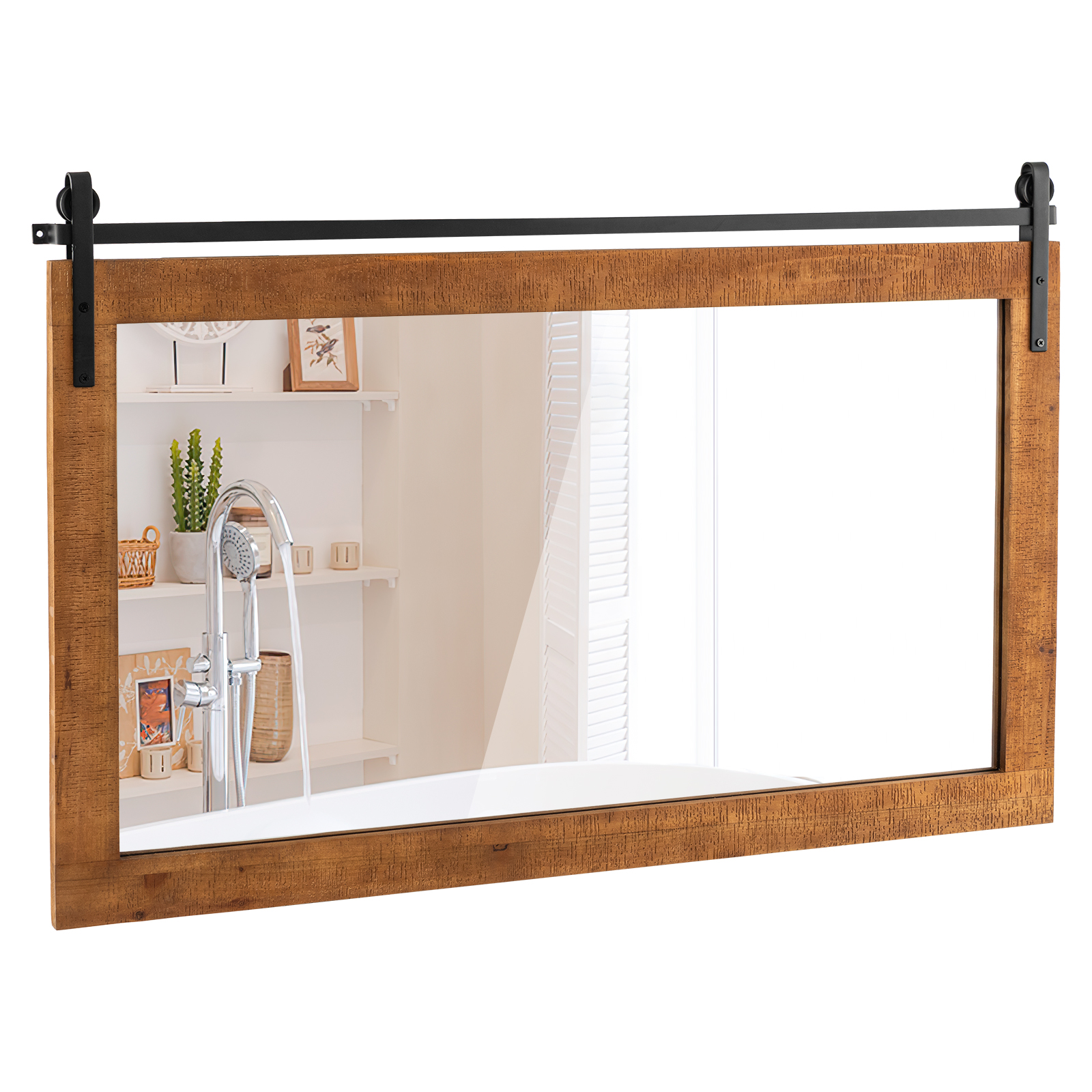 Farmhouse Bathroom Wall Mirro with Fir Wood Frame-Brown - Savings Store
