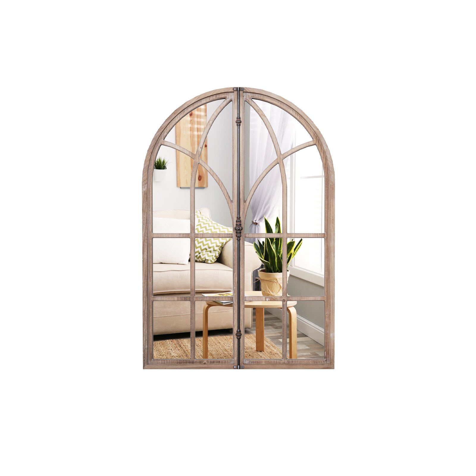 Wall Mirror - Wall Mounted Arched Window Pane Mirror-Natural - Savings Store