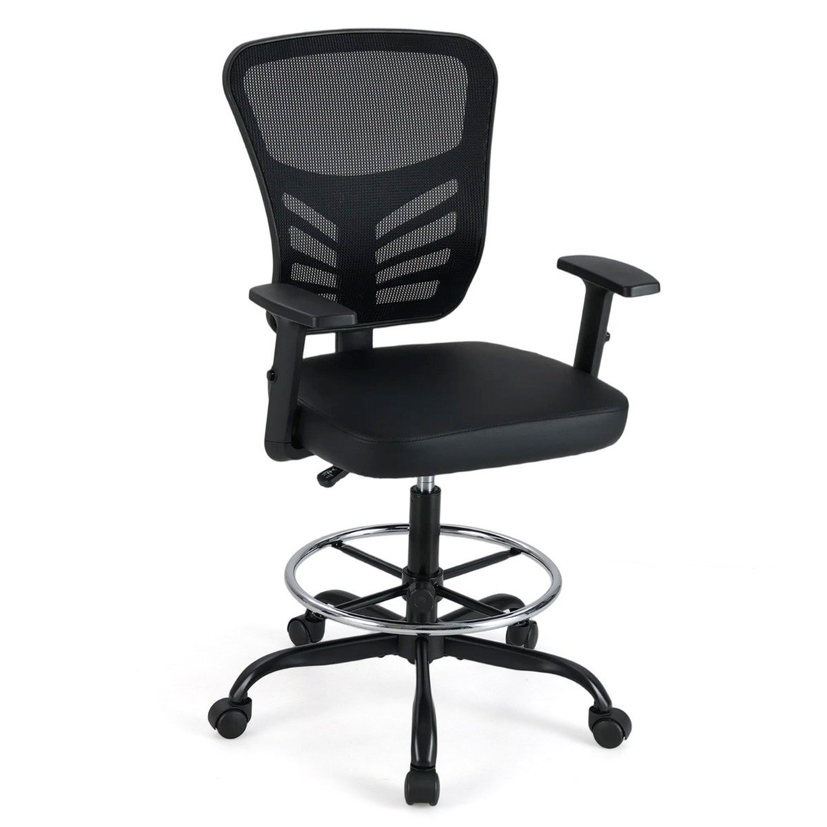 Height-adjustable Drafting Chair with Adjustable Armrests and Footrest Ring-Black - Savings Store
