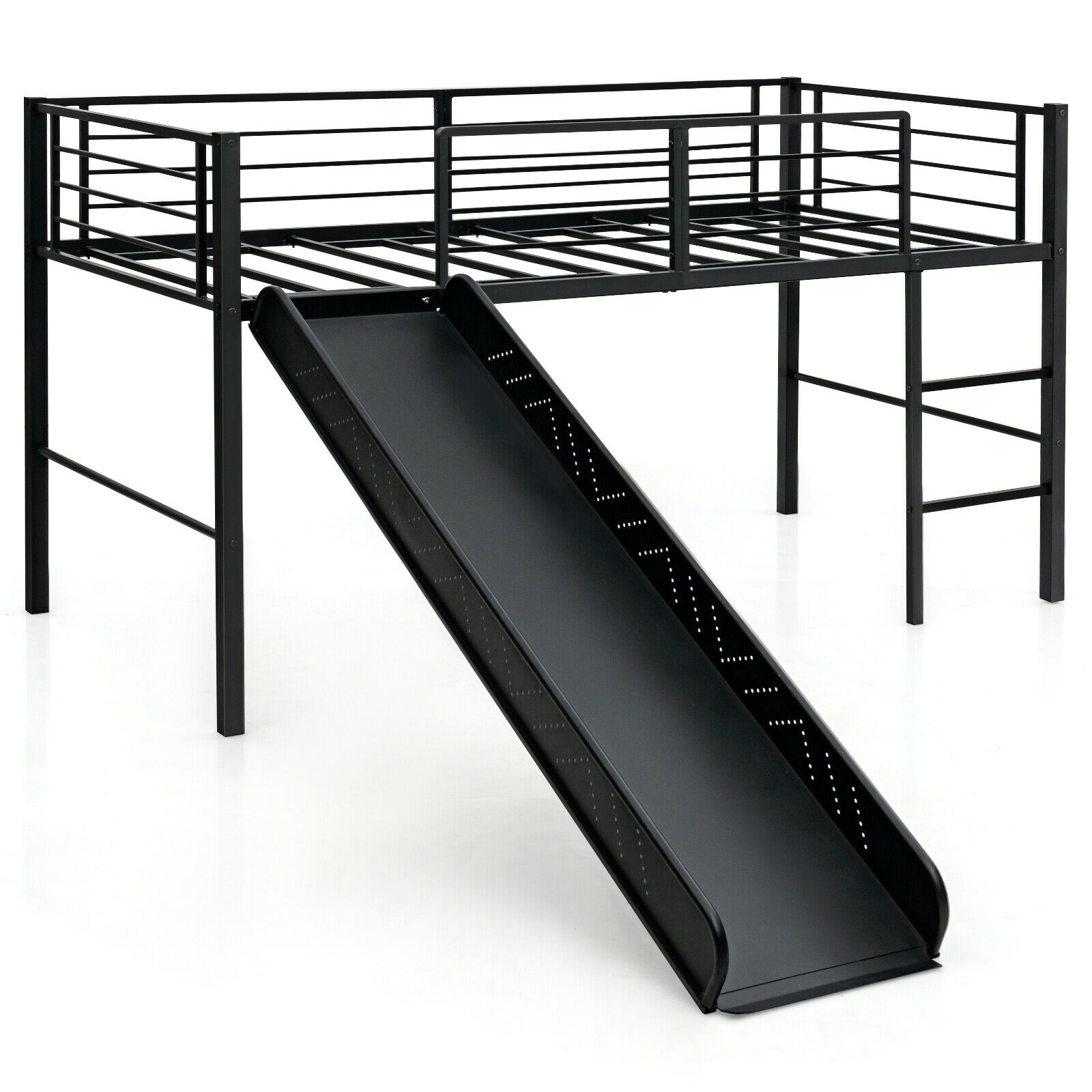 Sliding Loft Children Single Bed with Stairs and Safety Guardrails-Black - Savings Store