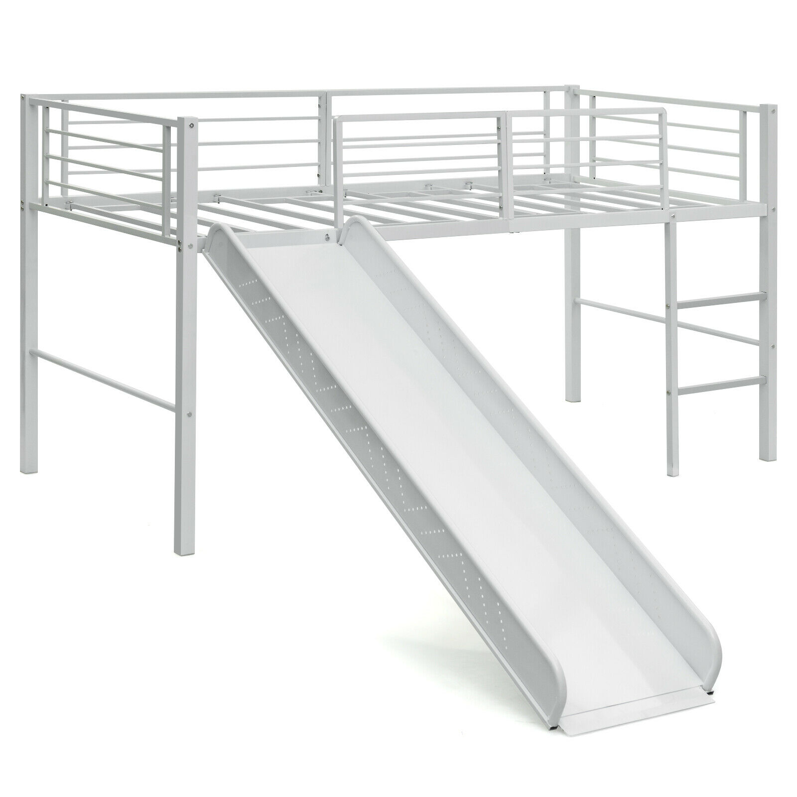 Sliding Loft Children Single Bed with Stairs and Safety Guardrails-White - Savings Store