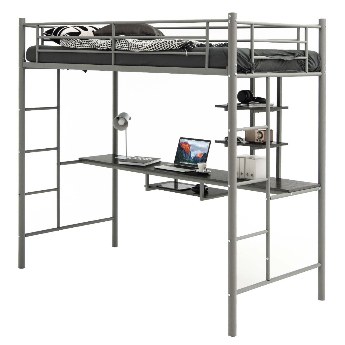 Metal Bunk Bed Frame High Sleeper with Desk and Storage Shelves-Silver - Savings Store