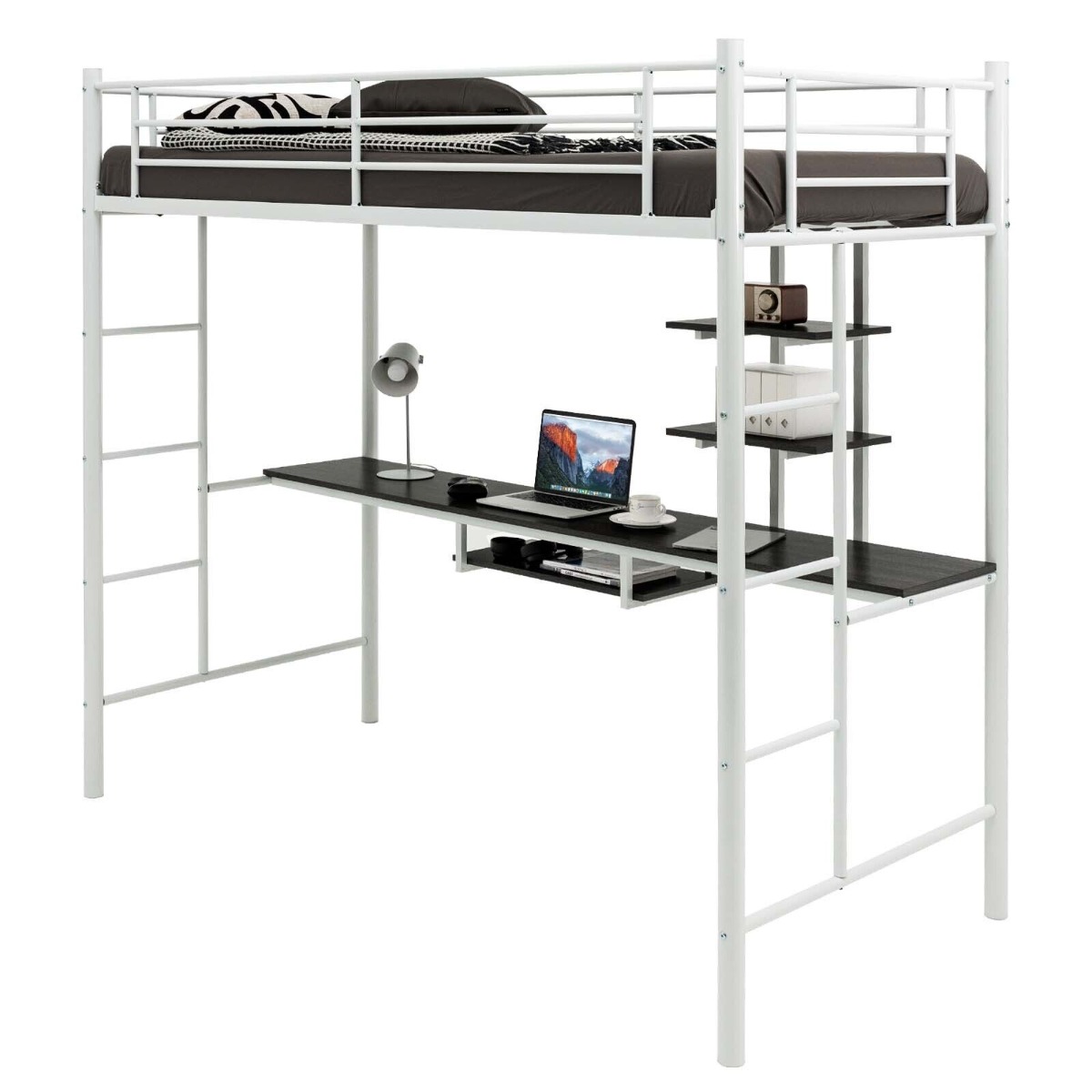 Metal Bunk Bed Frame High Sleeper with Desk and Storage Shelves-White - Savings Store
