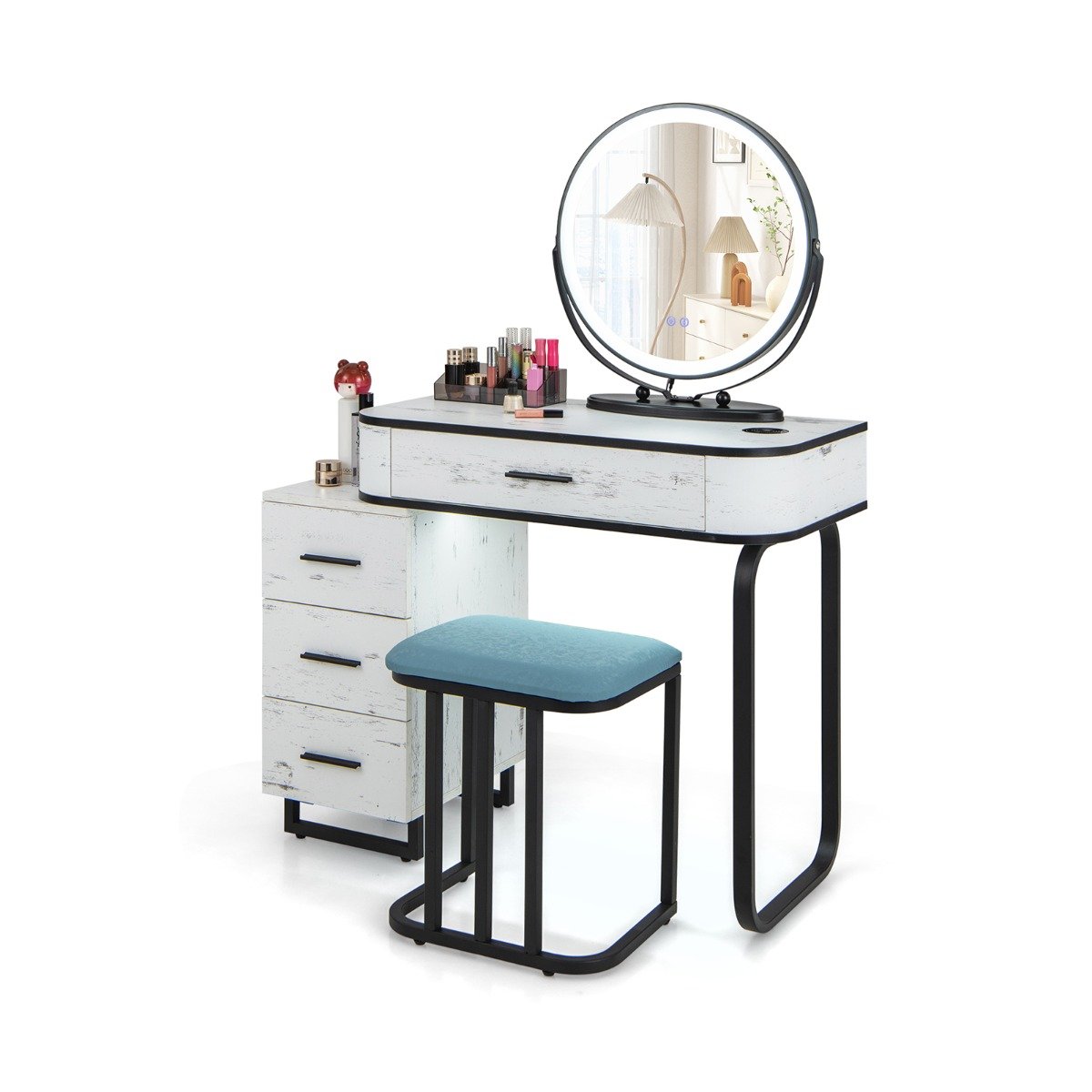 DAELLU Vanity Table and Stool Set with 3-Color Touch Screen Lighted Swivel Mirror-White - Savings Store