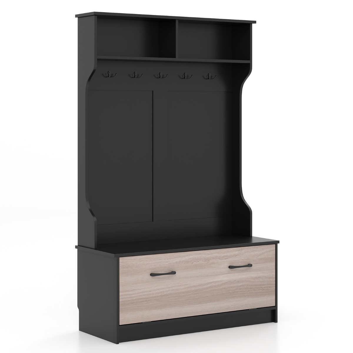 63 Inches Hall Tree with Coat Rack and Storage Bench - Black - Savings Store
