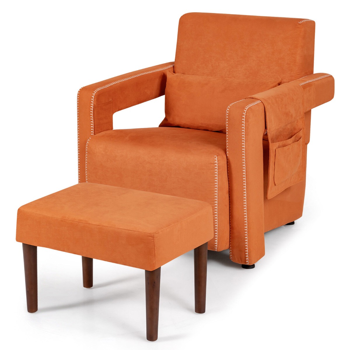 Upholstered Padded Accent Chair with Footstool and Lumbar Pillow-Orange - Savings Store