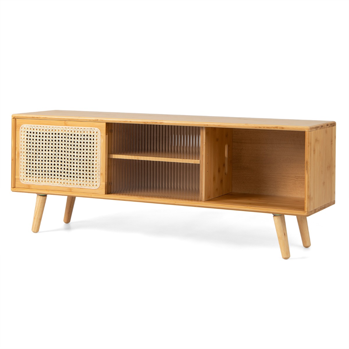 Bamboo Entertainment Center with Rattan and Tempered Glass Sliding Doors-Natural - Savings Store