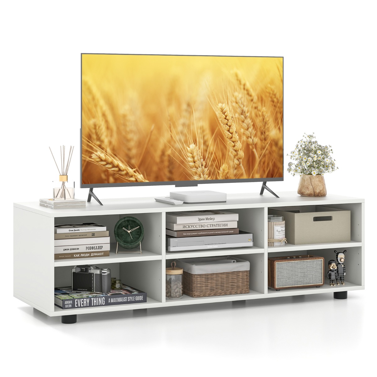 6-Cubby TV Stand TV Console Table with Adjustable Shelves-White - Savings Store