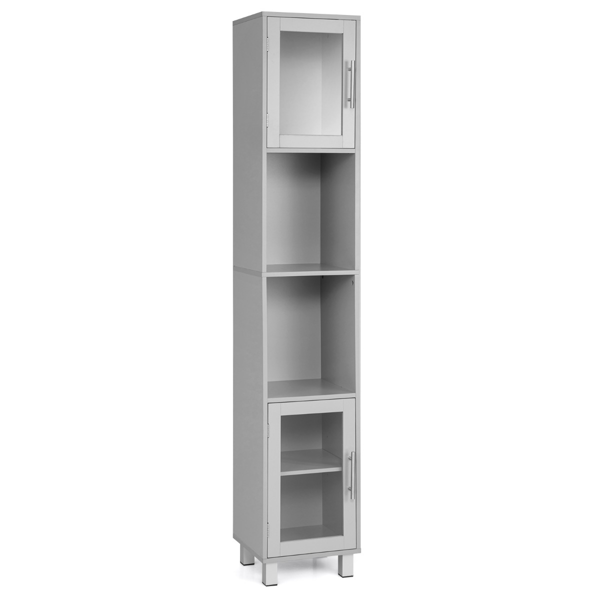 Freestanding Slim Wooden Bathroom Cabinet with Tempered Glass Doors-Grey - Savings Store