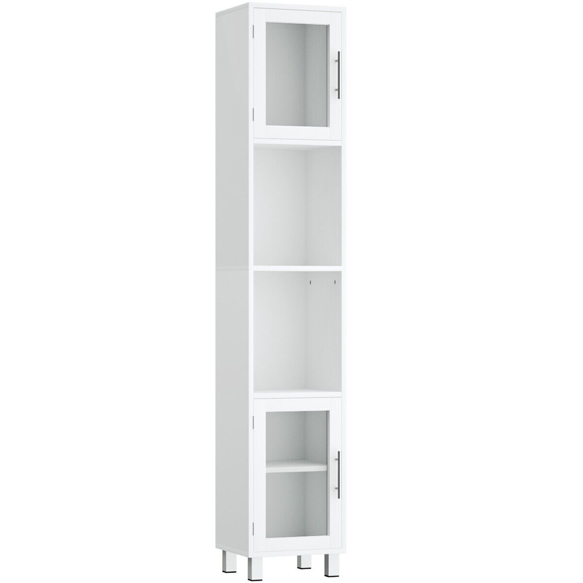 Freestanding Slim Wooden Bathroom Cabinet with Tempered Glass Doors-White - Savings Store