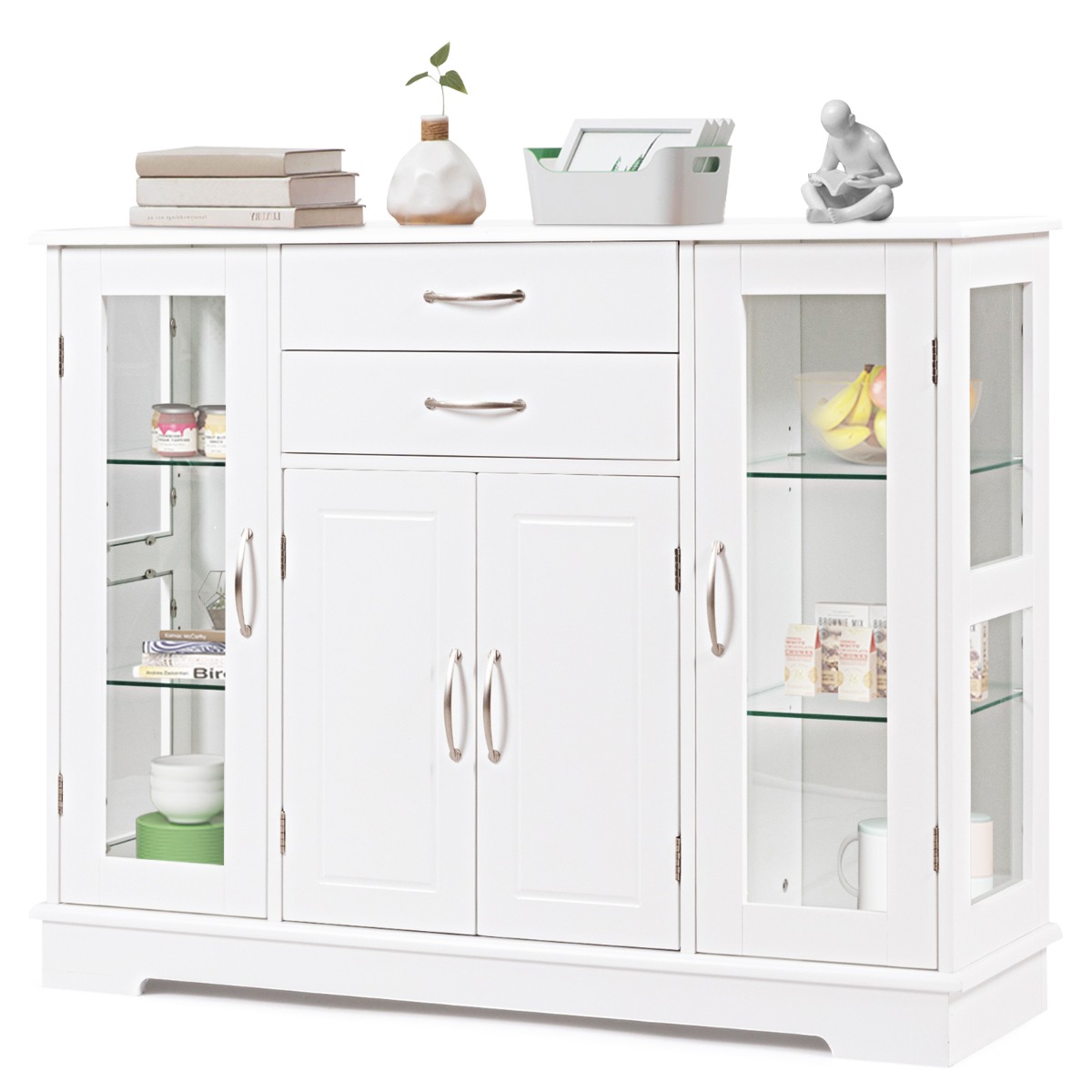 Wooden Buffet Sideboard with Adjustable Shelves and 2 Glass Doors-White - Savings Store