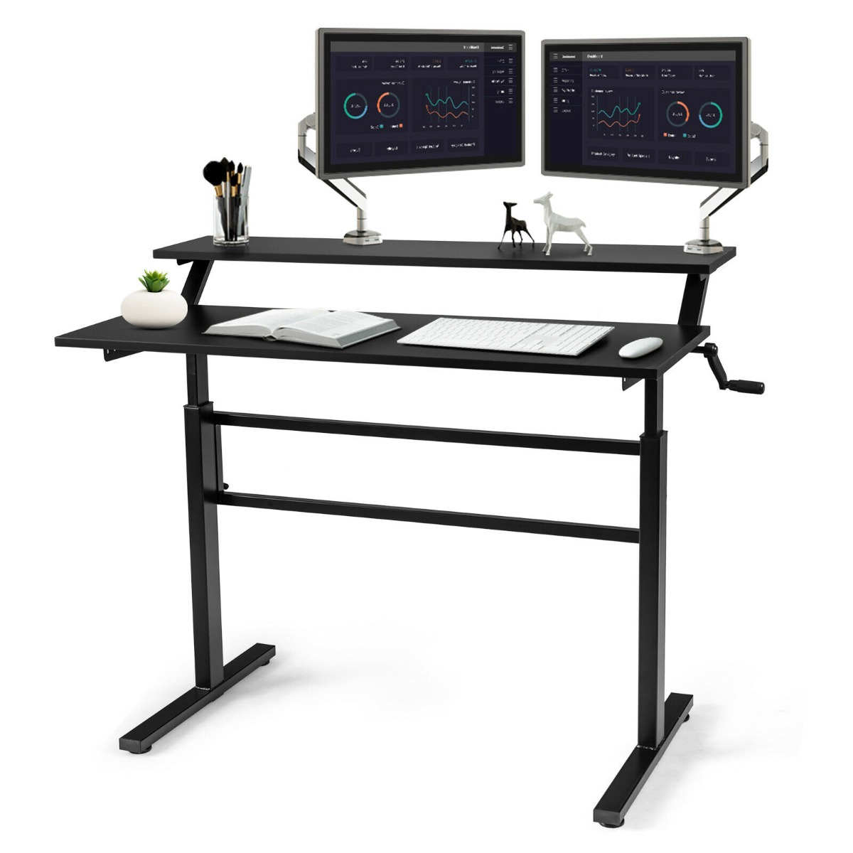 2-Tier Height Adjustable Standing Desk with Crank Handle - Black - Savings Store