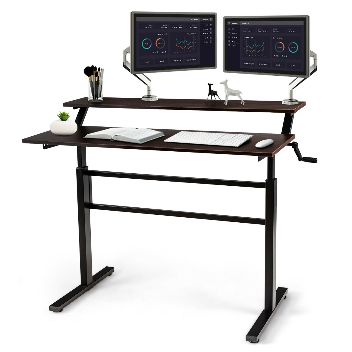 2-Tier Height Adjustable Standing Desk with Crank Handle - Coffee - Savings Store