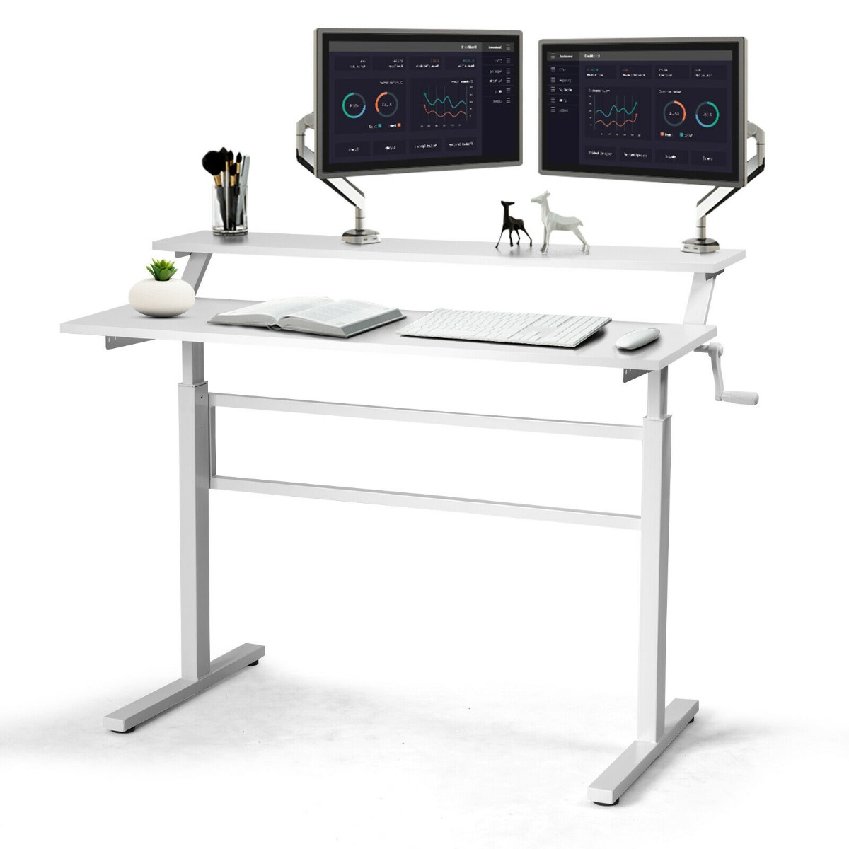 2-Tier Height Adjustable Standing Desk with Crank Handle - White - Savings Store