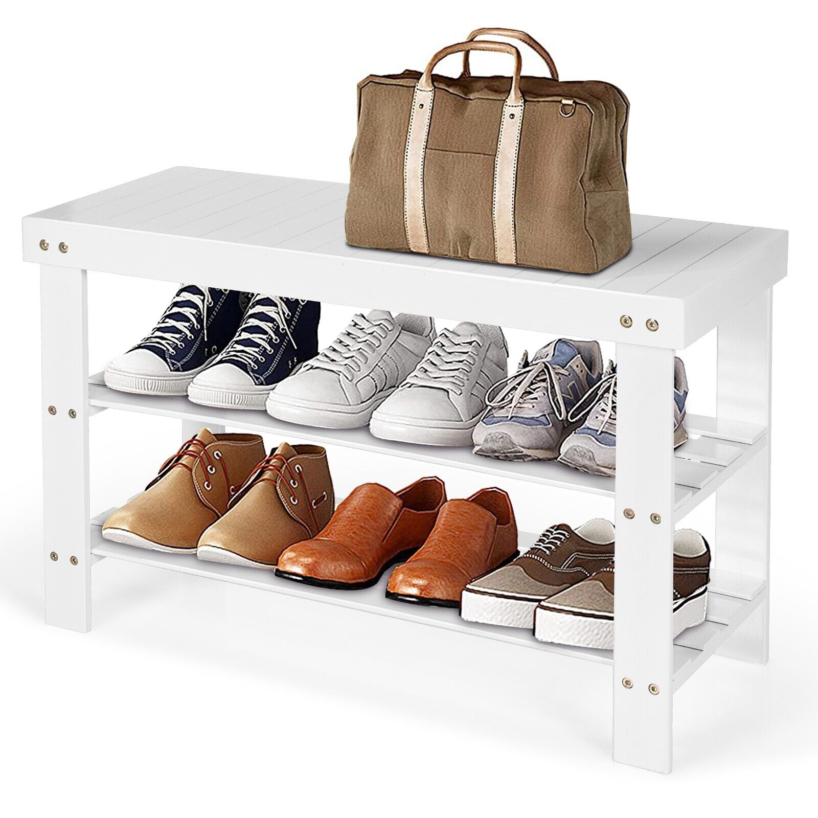 3-Tier Bamboo Shoe Bench for Entryway-White - Savings Store
